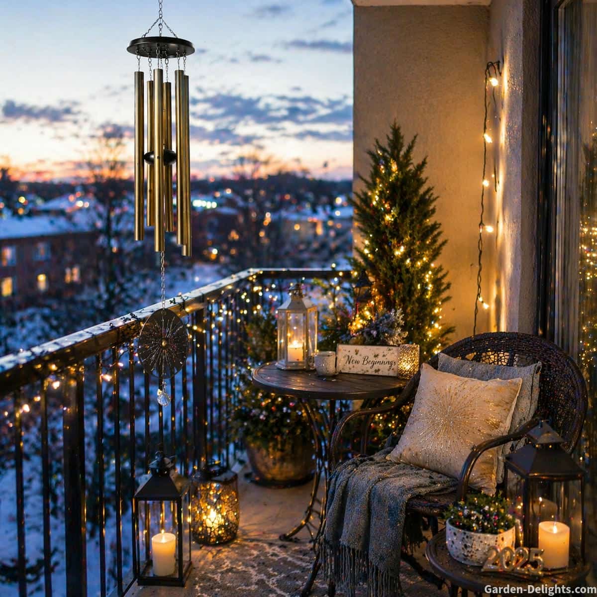 new year wind chimes hanging on a quiet balcony with soft lighting and winter atmosphere, gentle airflow creating slow movement and subtle tone, calm reflective space designed for peaceful transition and emotional reset