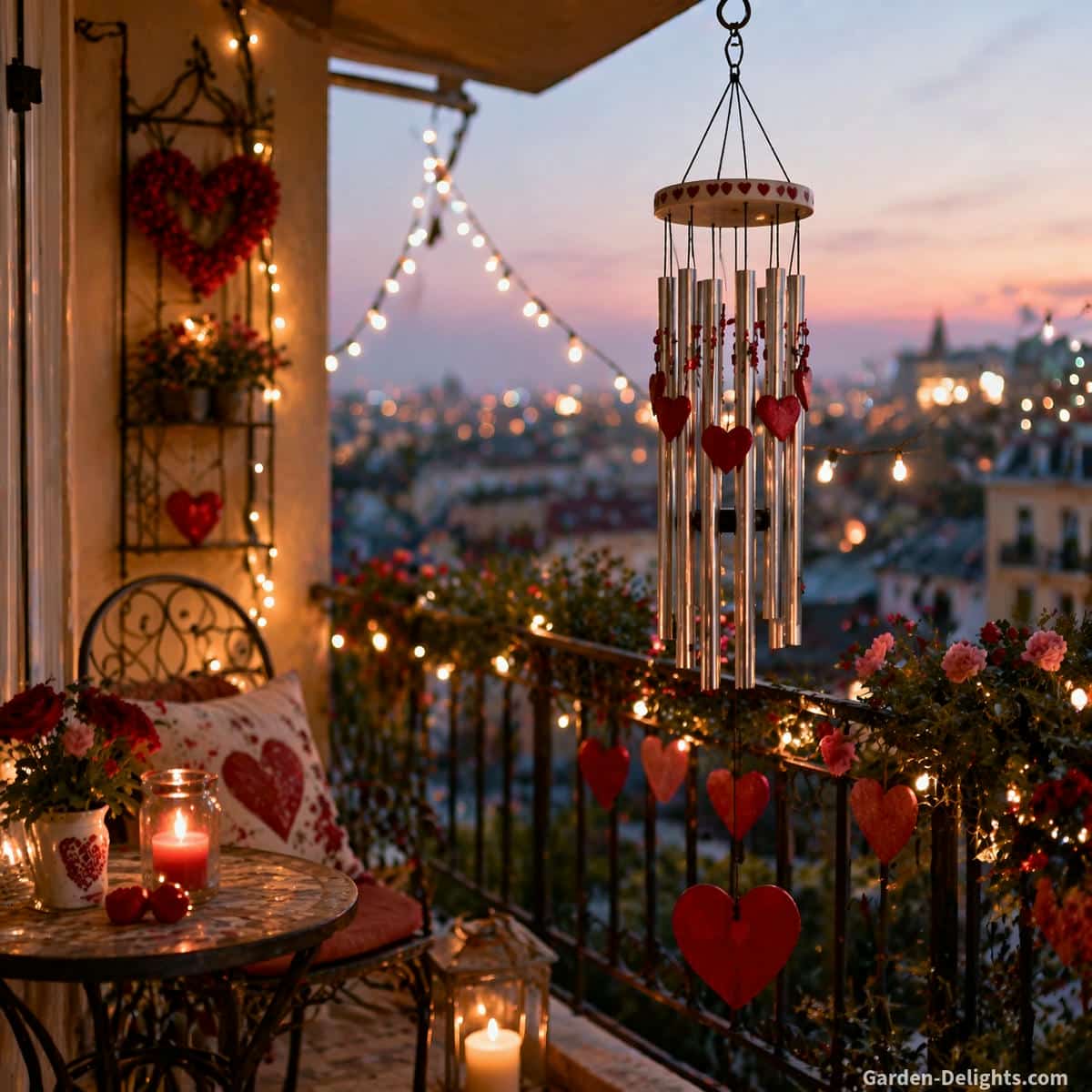 valentines day wind chimes hanging on a small balcony with soft candlelight and warm string lights, heart themed decor and gentle airflow creating subtle movement and soft tone in a romantic outdoor setting