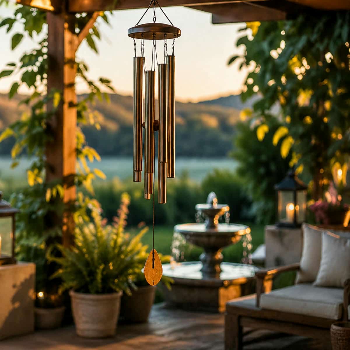 best sounding wind chimes in a patio garden with deep tone resonance and natural airflow creating rich sound and a calm outdoor atmosphere