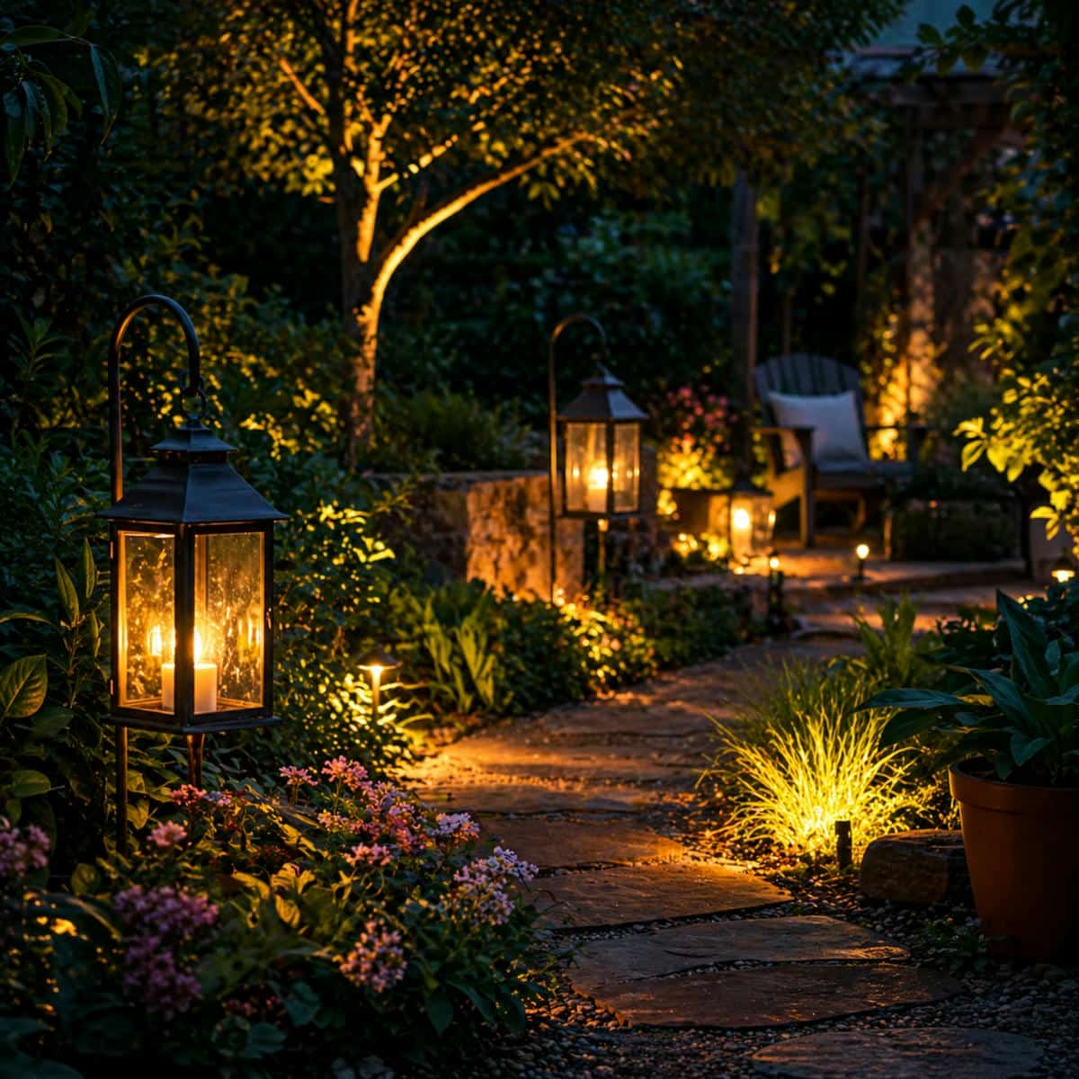 outdoor garden lighting creating warm evening ambiance with soft glow enhancing visibility mood and nighttime outdoor atmosphere