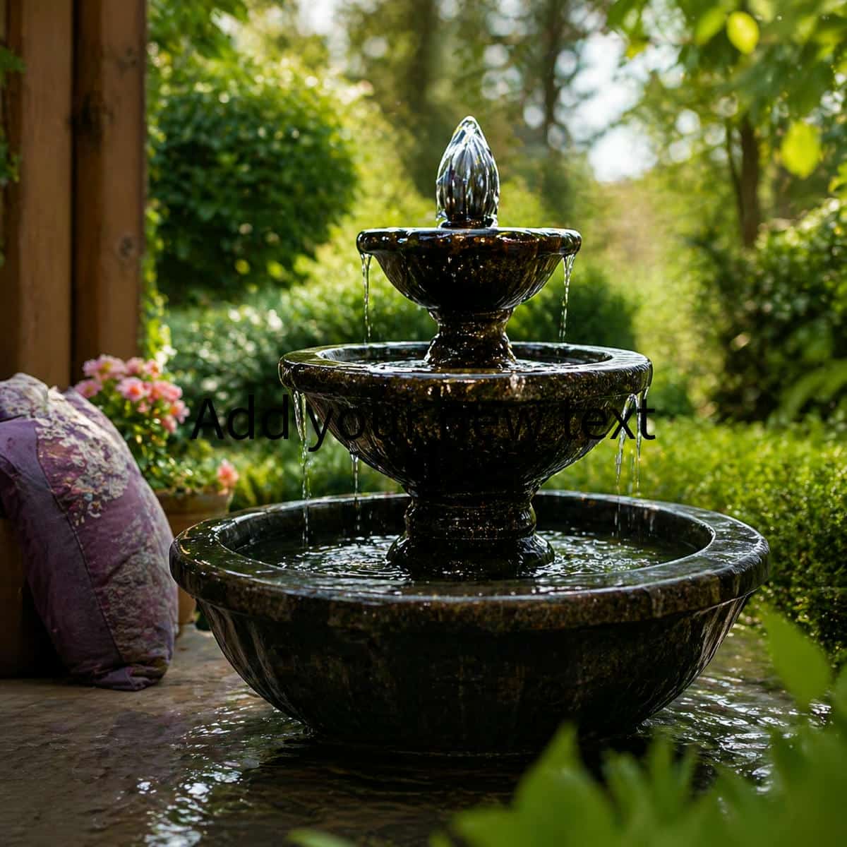 garden water fountain with flowing water creating soothing sound, continuous movement and a calm outdoor atmosphere for patios and backyard spaces