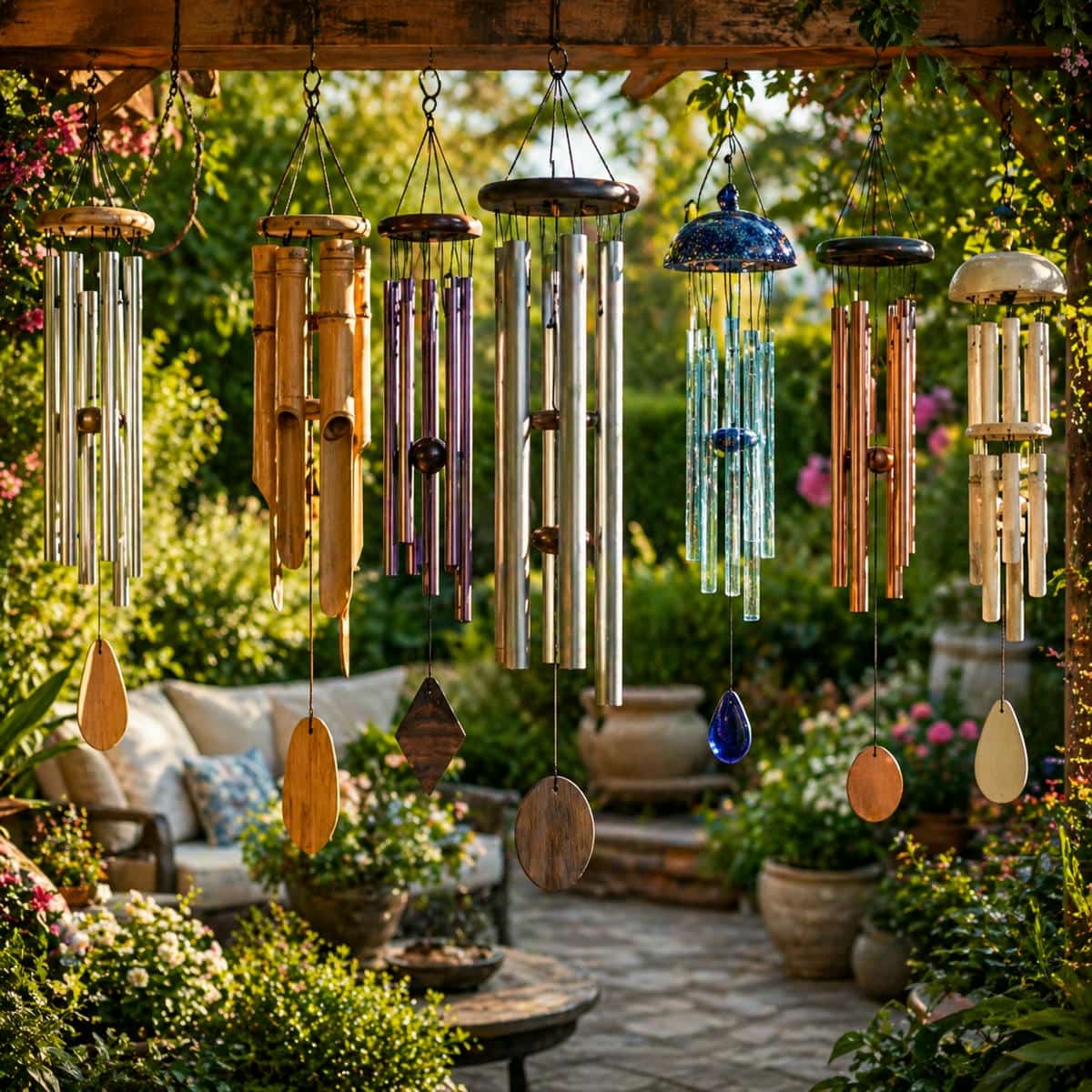 collection of wind chime styles including metal, bamboo and glass in a garden patio showing different sounds, designs and outdoor decor options