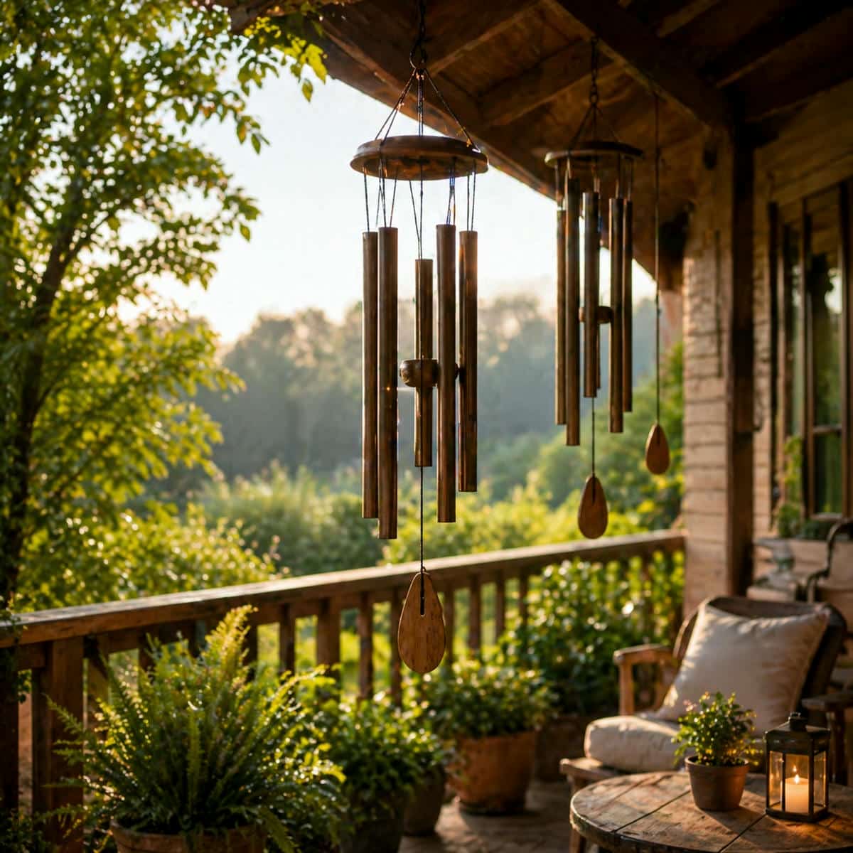wind chimes placed in a patio garden with steady airflow creating balanced movement and clear sound for a calm outdoor space