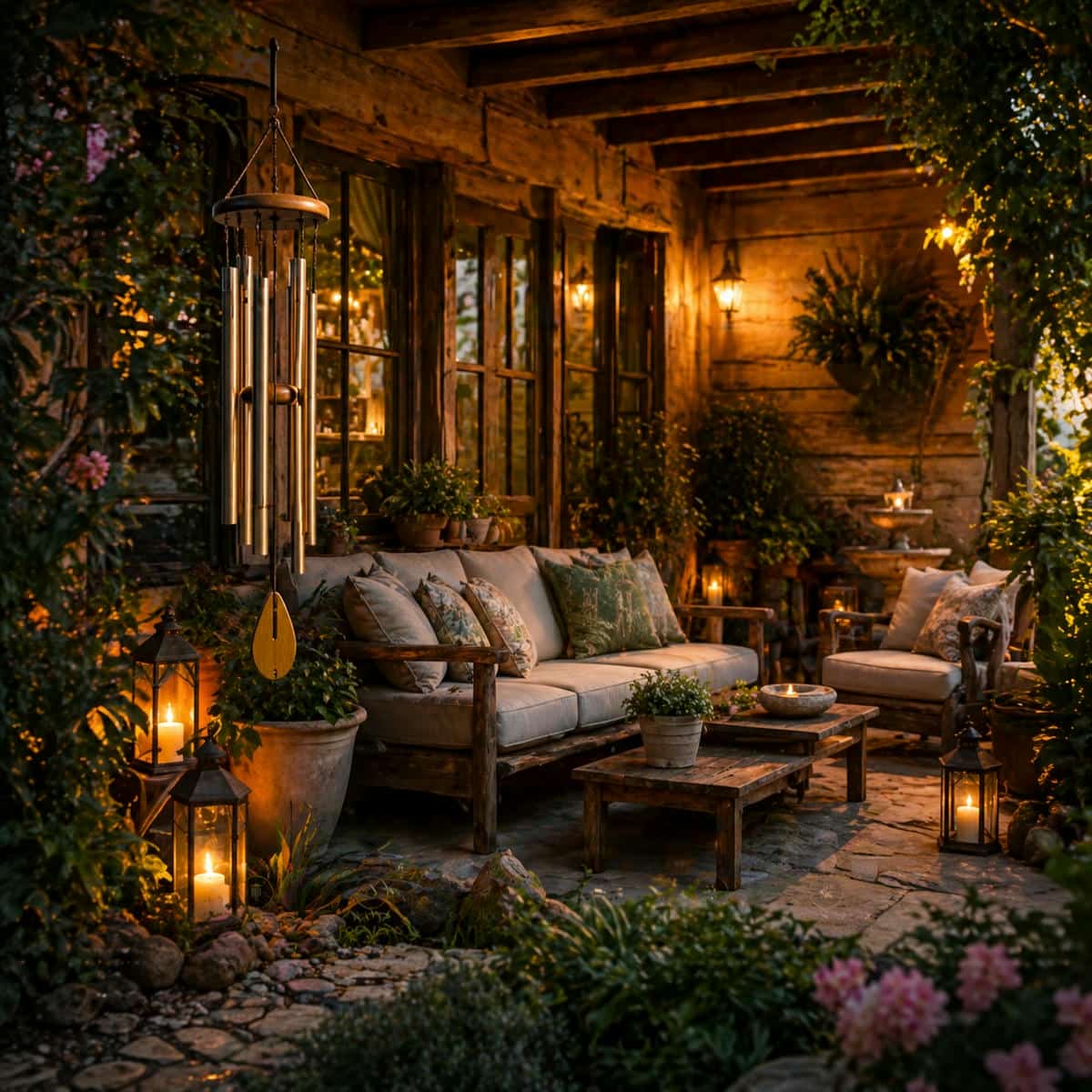 wind chimes in a garden landscape with natural airflow creating gentle movement, balanced sound and a calm outdoor living space