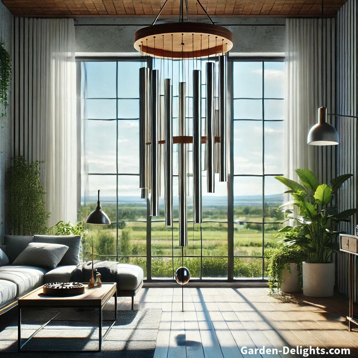 Classic aluminum wind chimes hanging by a window in a cozy indoor space, illuminated by natural sunlight. The elegant chimes add a soothing ambiance to a beautifully decorated room with modern furniture, lush greenery, and a serene atmosphere.