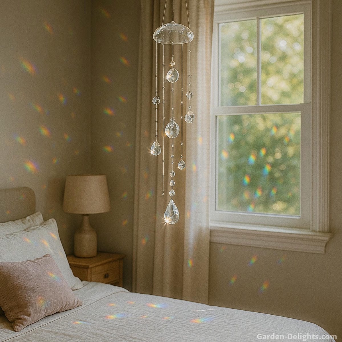 Crystal indoor wind chime in a bedroom Feng Shui zone—hanging near a window, casting rainbows, enhancing sleep, love, and emotional wellness