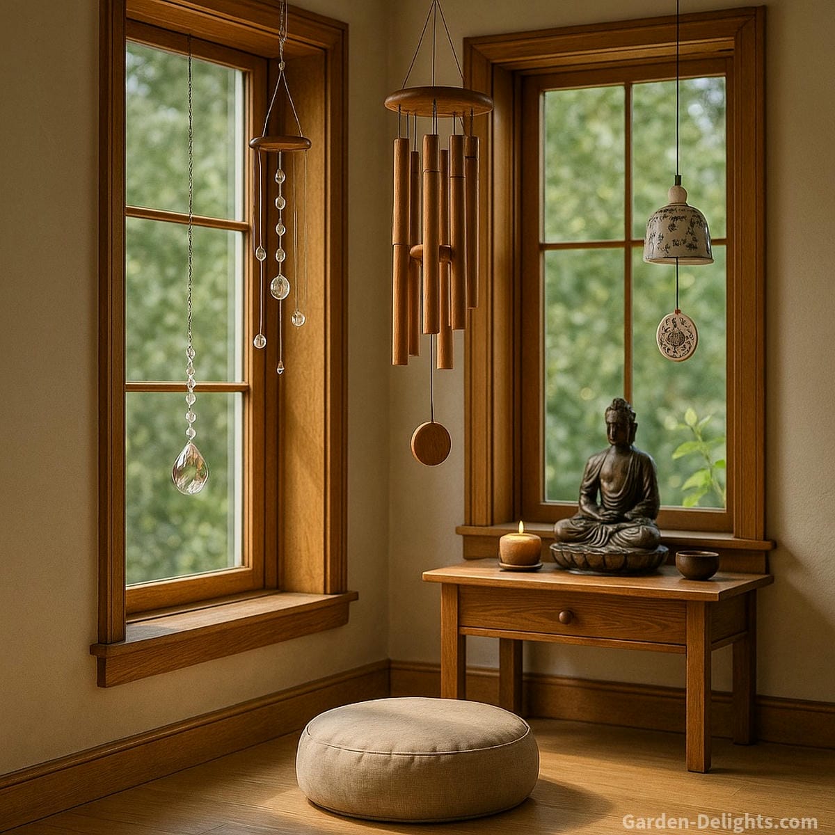 Indoor Feng Shui wind chimes in a quiet home—crystal, bamboo, and ceramic styles placed by windows, altars, and meditation corners to align with spiritual rituals and energy zones