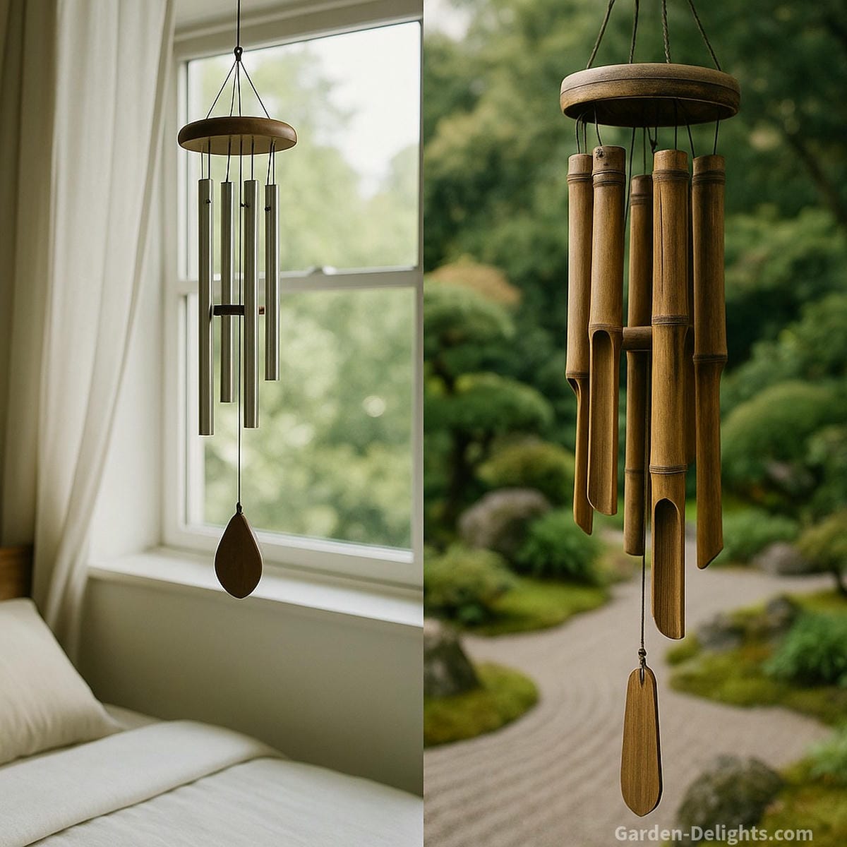 Indoor wind chime softly hanging near a bedroom window for sleep and serenity, side-by-side with an outdoor bamboo chime swaying in a peaceful Zen garden—symbolizing harmony inside and out