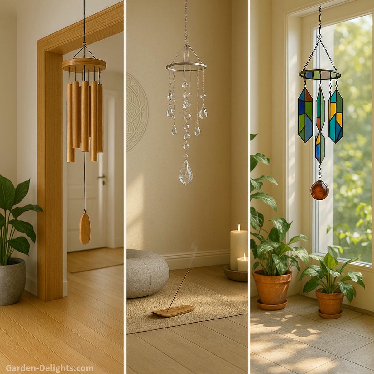 Indoor wind chimes shown in symbolic home spaces—bamboo in a calm Zen-style entryway for grounding energy, crystal in a meditation corner for chakra healing, and stained glass casting reflections in a sunny indoor garden. Each chime style supports emotional wellness and decorative harmony.