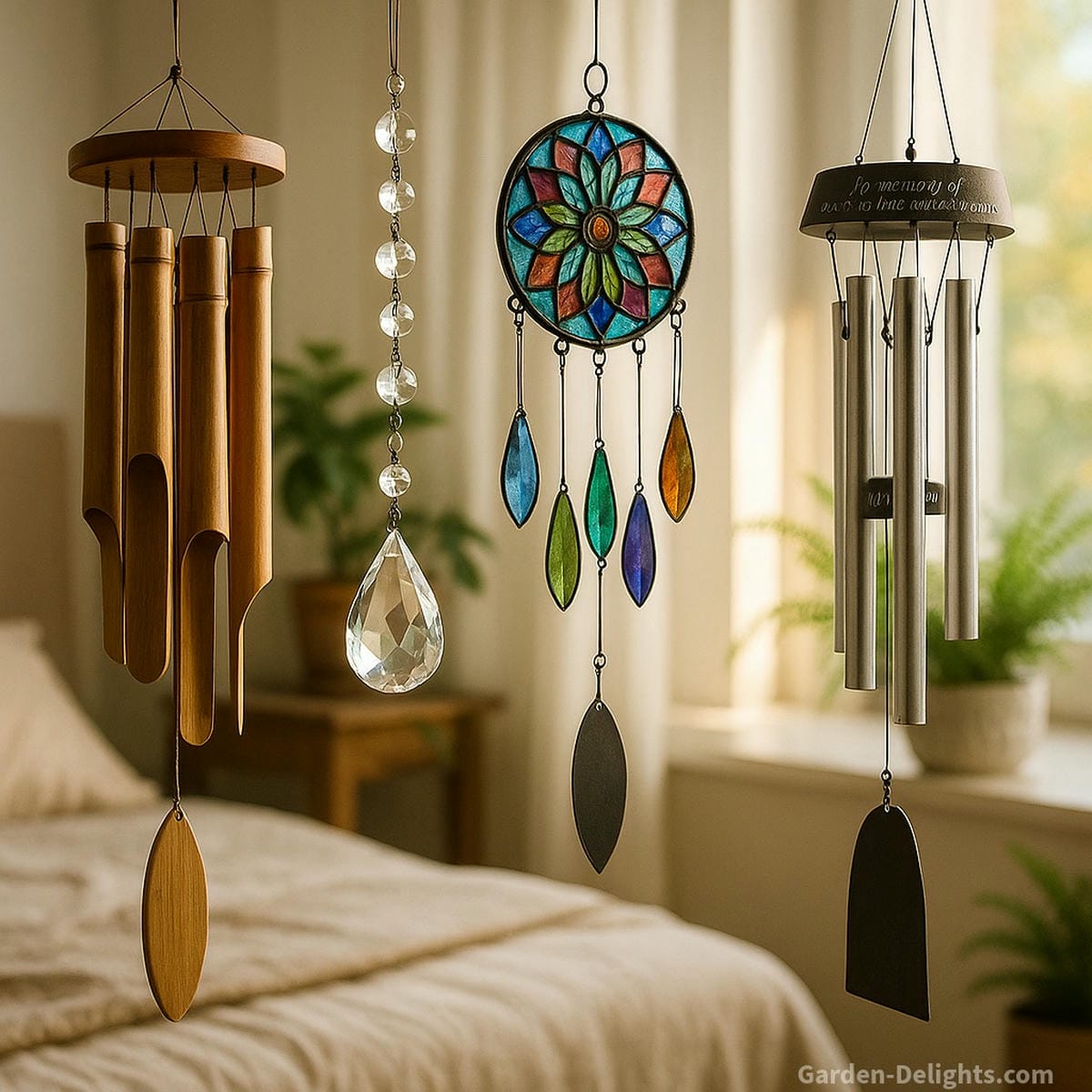 Top indoor wind chimes including crystal for chakra healing, bamboo for sleep, stained glass for joy, and metal chimes for energy balance—hanging in quiet, softly lit home interiors