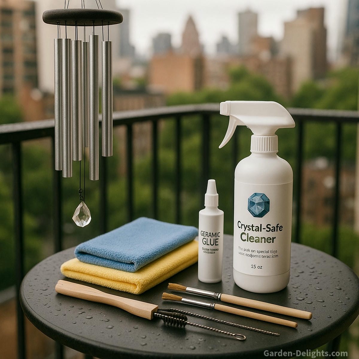 Indoor wind chime cleaning kit with microfiber cloths, crystal-safe cleaner, ceramic glue, and brush set neatly arranged on a small balcony table overlooking the city