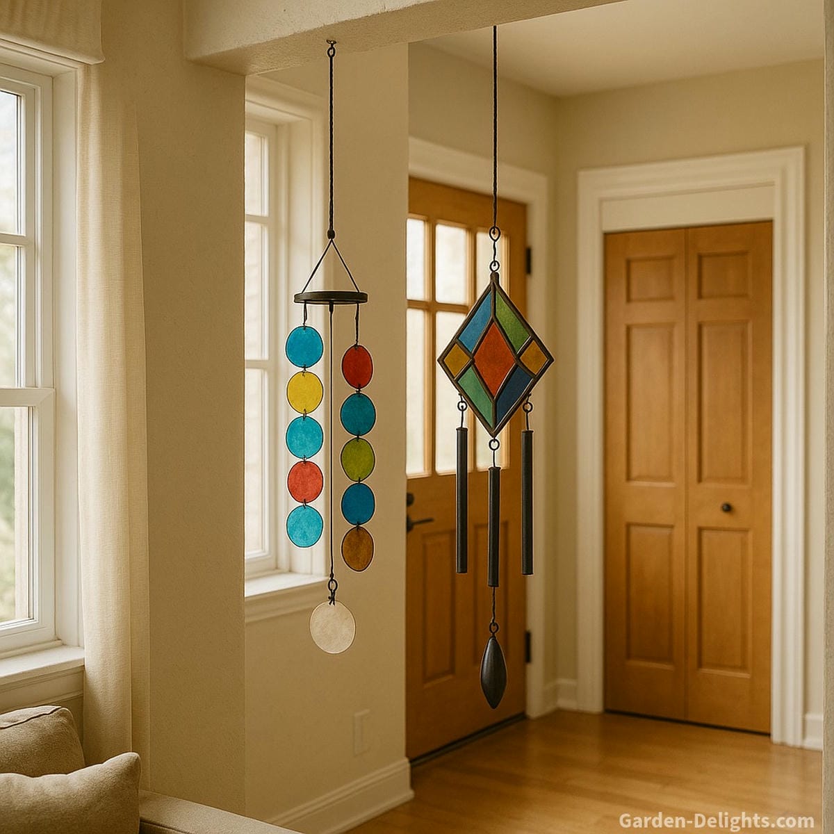 Colorful indoor wind chimes with glass and capiz accents hanging near a bright front entrance foyer—casting soft reflections and adding symbolic peace, harmony, and decorative charm to the home