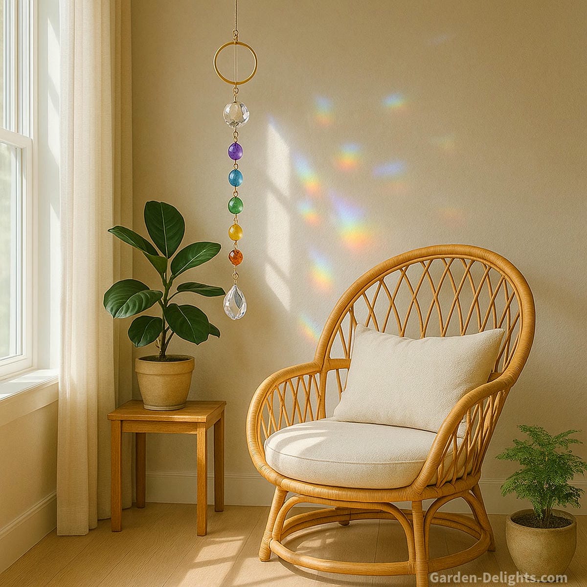 Crystal indoor wind chimes hanging near a meditation chair and houseplants—symbolizing chakra healing, peace, and Feng Shui energy flow in a spiritual home interior