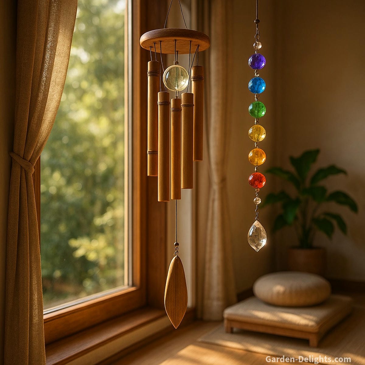 Indoor bamboo and glass wind chimes hanging near a sunlit window in a spiritual home sanctuary—symbolizing inner peace, energy flow, and decorative calm