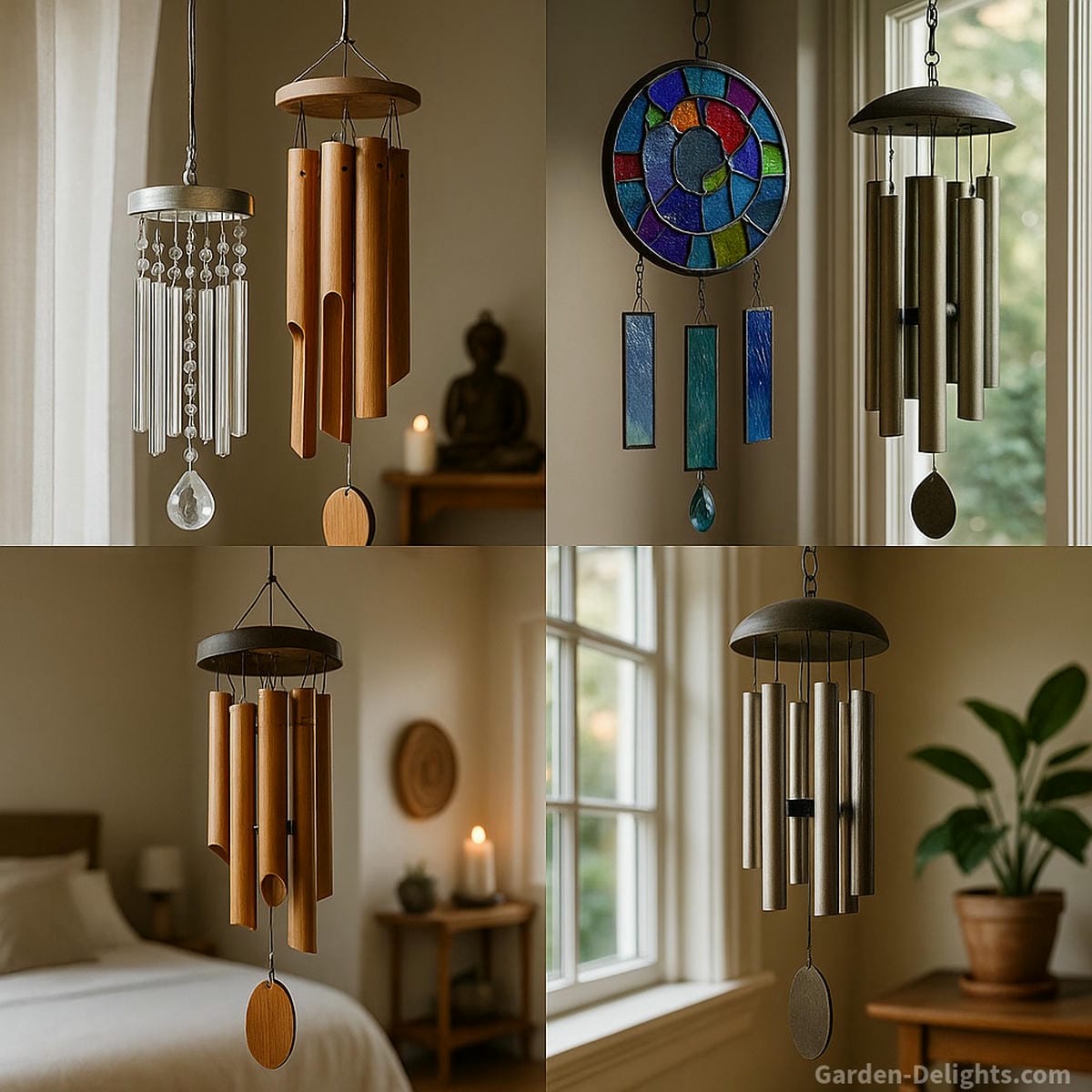 Indoor wind chimes made of crystal, bamboo, stained glass, and metal hanging in tranquil home settings—each offering symbolic resonance, emotional healing, and soft acoustic energy