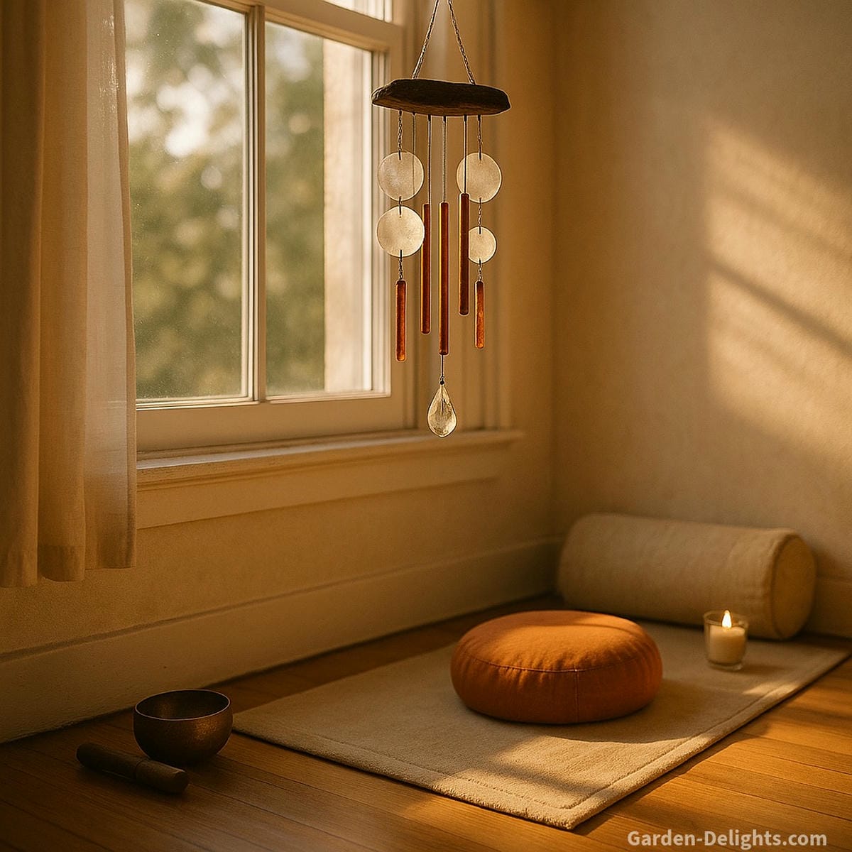 Indoor wind chimes hanging above a meditation mat in a softly lit room—symbolizing emotional healing, spiritual resonance, and peaceful energy flow in mindful interiors