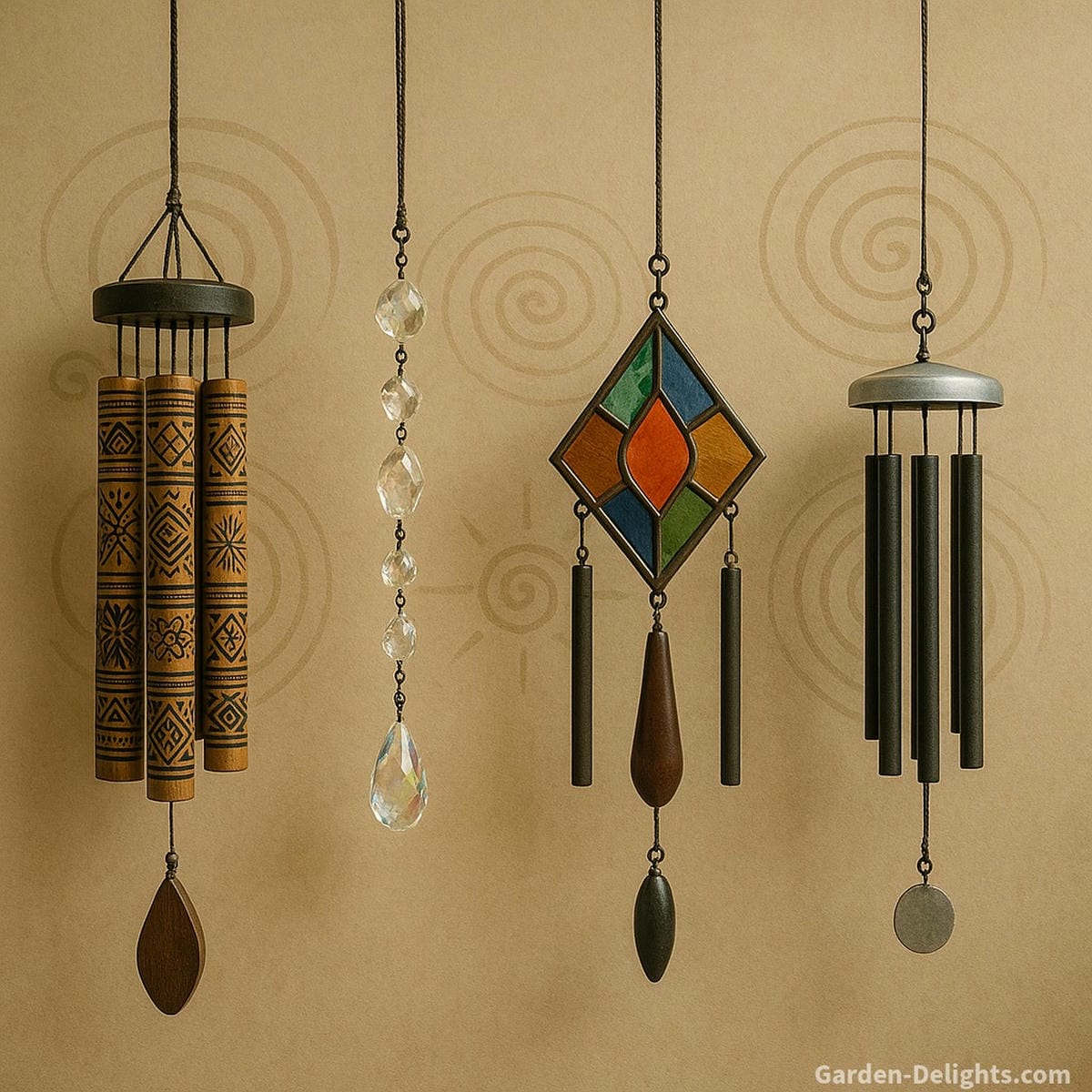 Indoor wind chimes arranged in a symbolic display with bamboo, stained glass, crystal, and metal—each representing a unique sound frequency and emotional intent for healing, peace, and spiritual energy in interior spaces