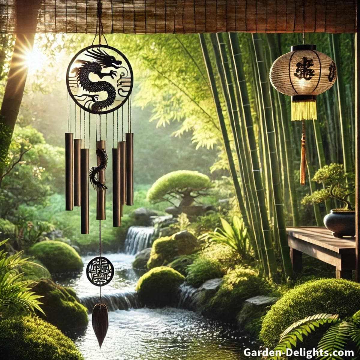 Japanese furin wind chimes in a zen garden setting with soft breeze movement creating calming sound peaceful energy and balanced outdoor atmosphere