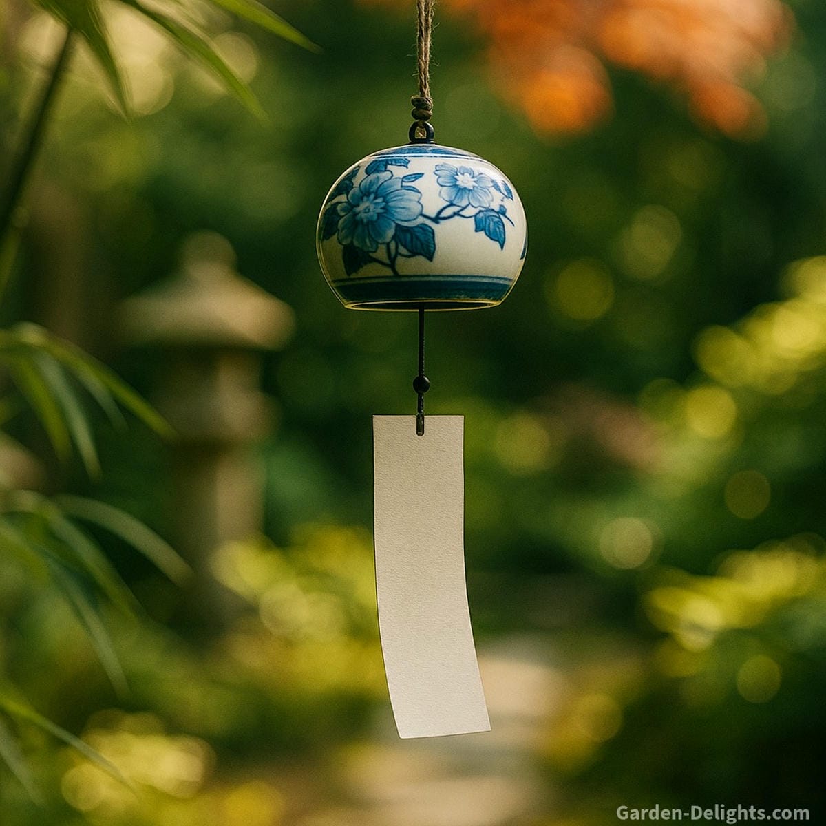 Close-up of a traditional Japanese porcelain Fūrin wind chime with blue floral patterns and paper Tanzaku, hanging in a serene Zen garden symbolizing calm, seasonal healing, and Feng Shui clarity