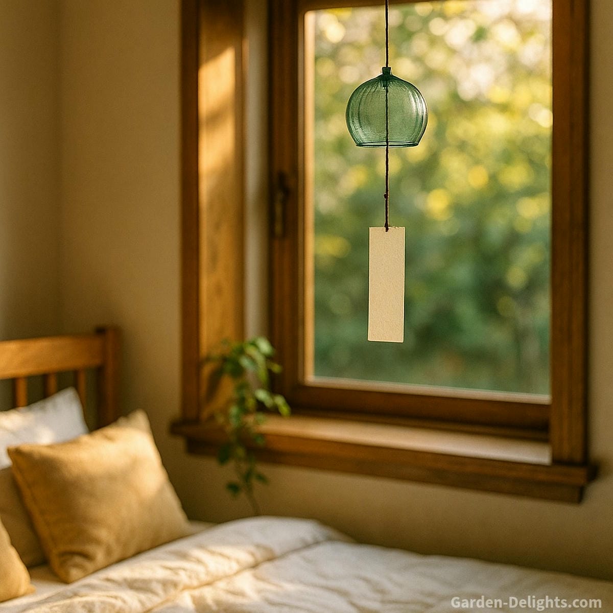 Soothing Japanese wind chimes for sleep relief gently swaying near a bedroom window, radiating calming tones that reduce stress, anxiety, and nighttime restlessness