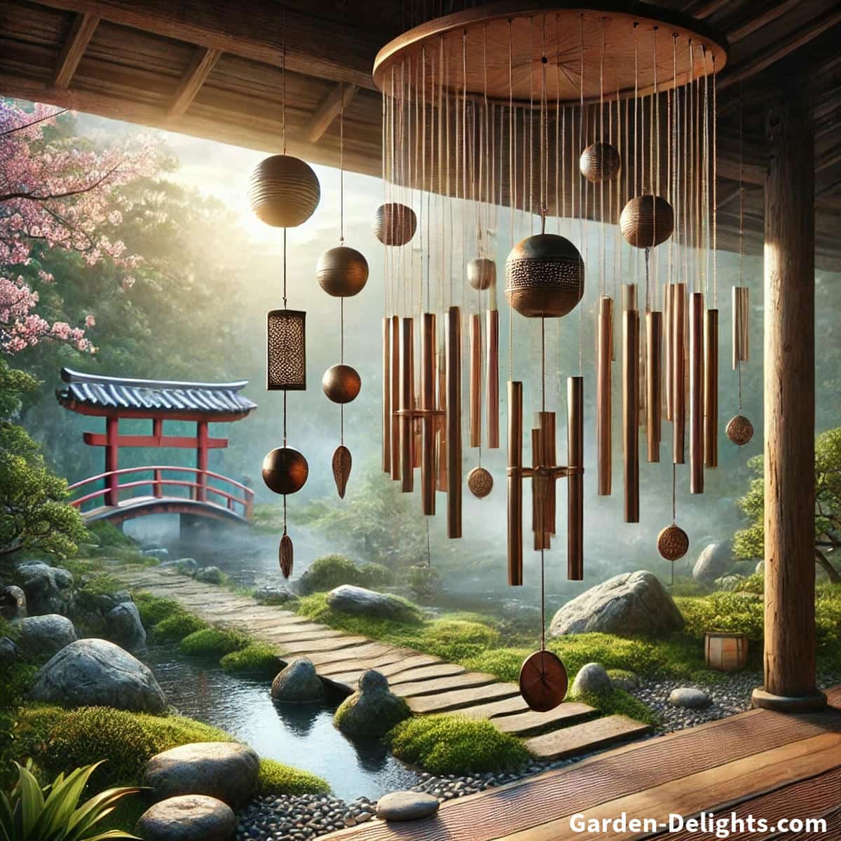 Traditional Japanese wind chimes swaying in a tranquil Zen garden with a koi pond, cherry blossoms, and a wooden torii gate, enhancing Feng Shui and spiritual harmony.