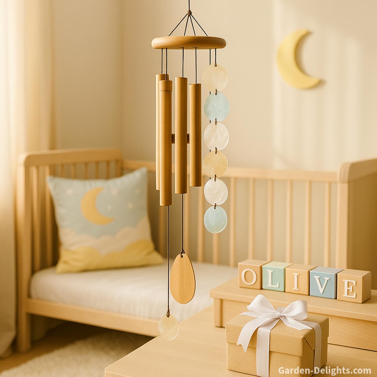 Soft toned baby shower wind chimes made of bamboo and capiz hanging beside pastel nursery furniture and name blocks for newborn calm and keepsake décor