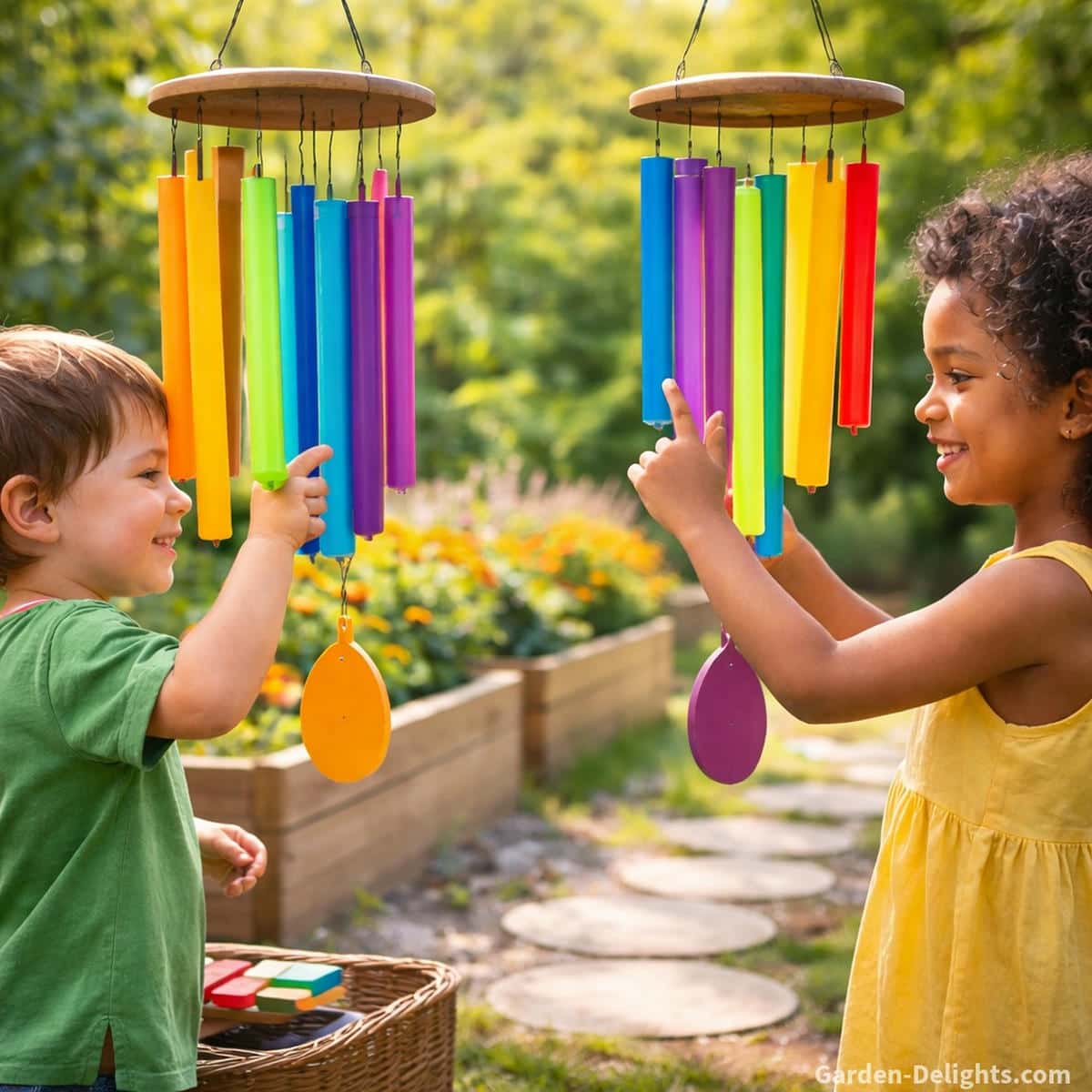 Bamboo educational wind chimes hanging at child height in a Montessori sensory learning garden supporting calm rhythm exploration airflow based sound discovery emotional grounding and nature based early childhood learning