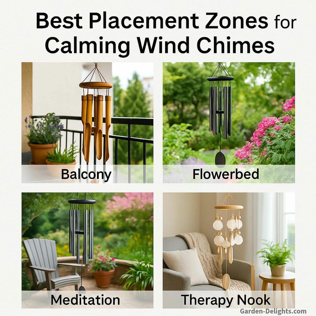 Calming wind chimes hanging on balcony, above flowerbeds, and in sunlit indoor therapy nook with plants—ideal for family wellness, sensory regulation, and peaceful garden placement