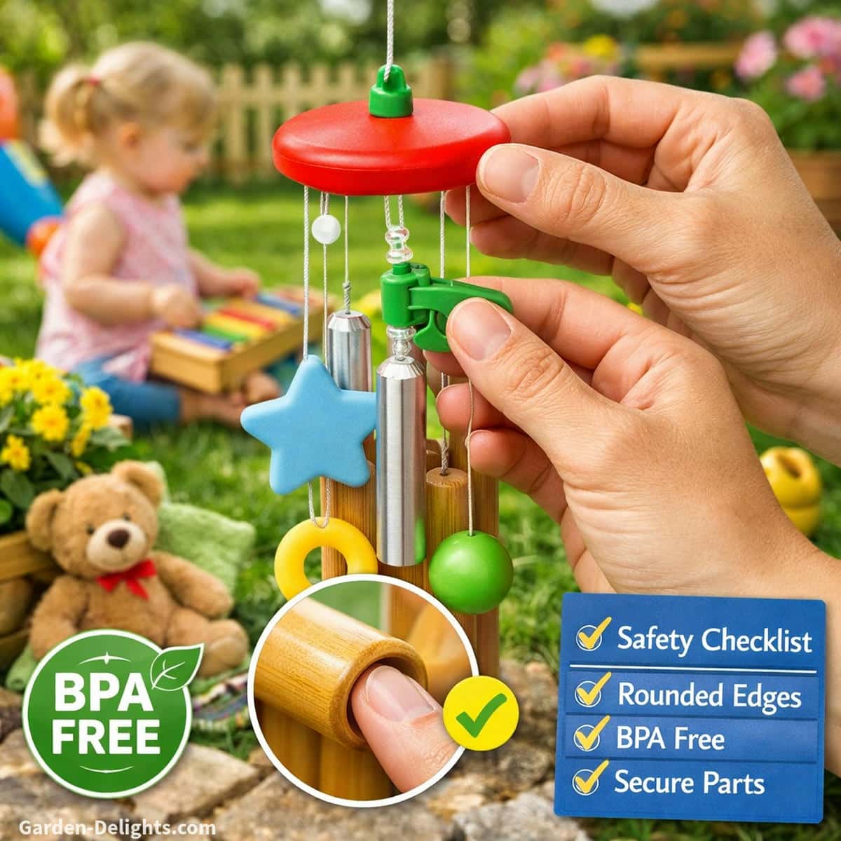 Child safe wind chimes with smooth edges, BPA free materials and secure connectors being checked in a toddler friendly garden play zone with gentle airflow and soft light