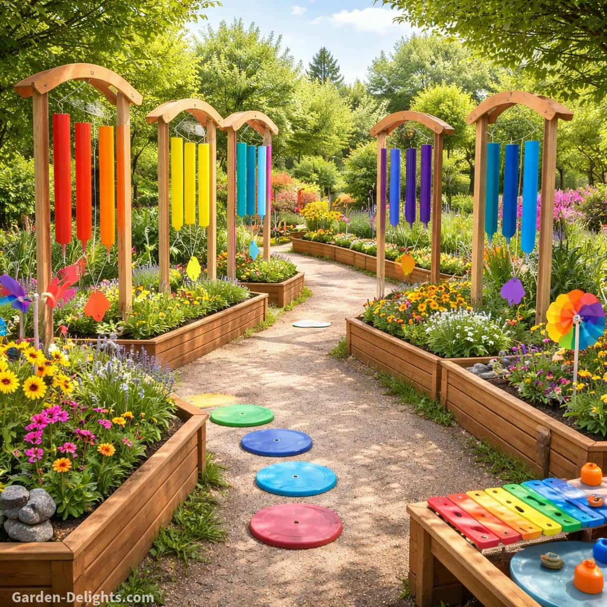 Color coded educational wind chimes arranged along a sensory garden path with planter boxes, airflow movement and soft rhythm cues for Montessori early learning and outdoor play