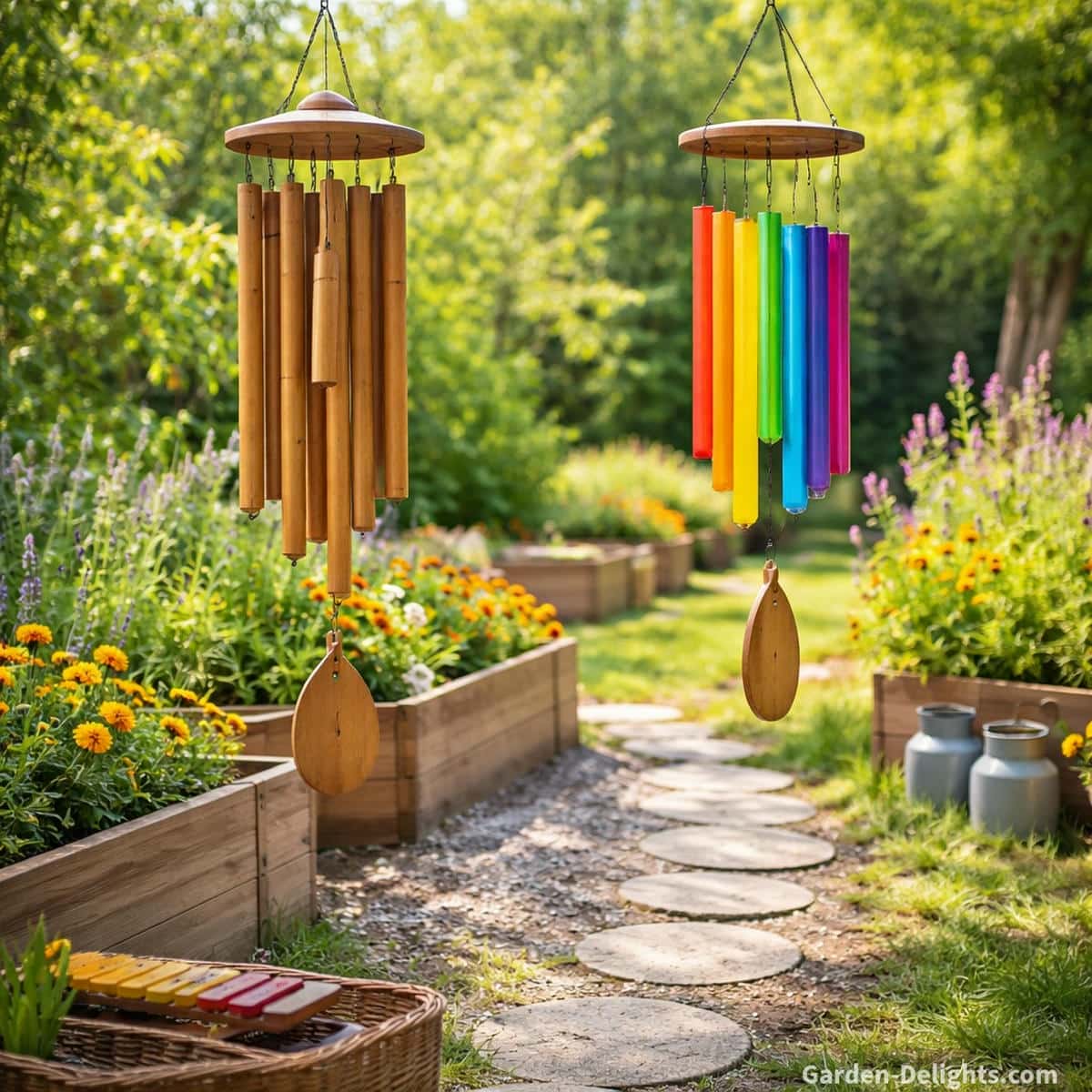 Educational wind chimes in a sensory learning zone with bamboo and colorful acrylic chimes hanging at child height near garden planters supporting Montessori and Waldorf rhythm learning sensory integration airflow movement and emotional grounding in outdoor play spaces
