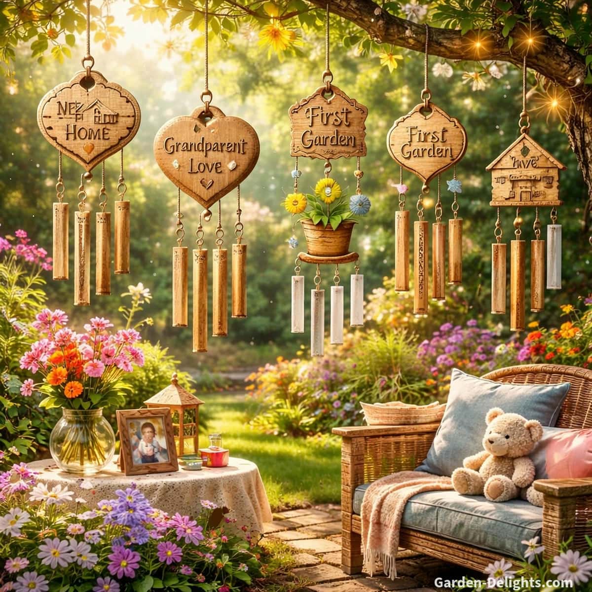 Engraved family milestone wind chimes and grandparent bonding keepsakes hanging in a bright garden corner with soft rhythmic motion, symbolic new chapter themes and warm storytelling ambience for meaningful celebrations