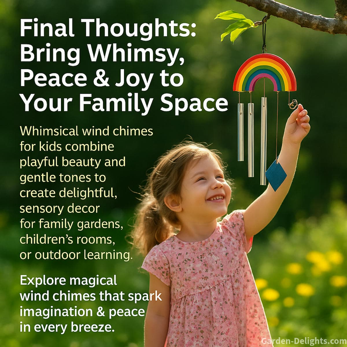 Whimsical family friendly wind chimes with rainbow colors and playful animal shapes hanging above a sensory garden where children explore calm sound, creative play and gentle melodic movement
