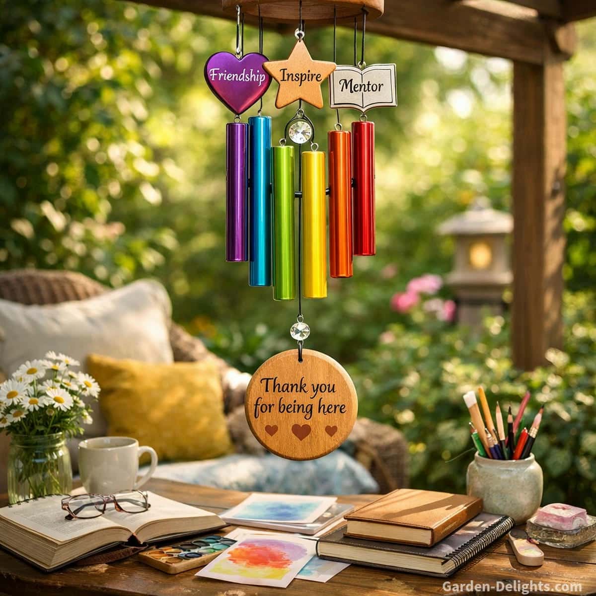 Colorful friendship and mentor appreciation wind chimes hanging above a peaceful garden reading nook with books, journals, art supplies and soft sunlight that symbolizes encouragement, gratitude and supportive learning moments