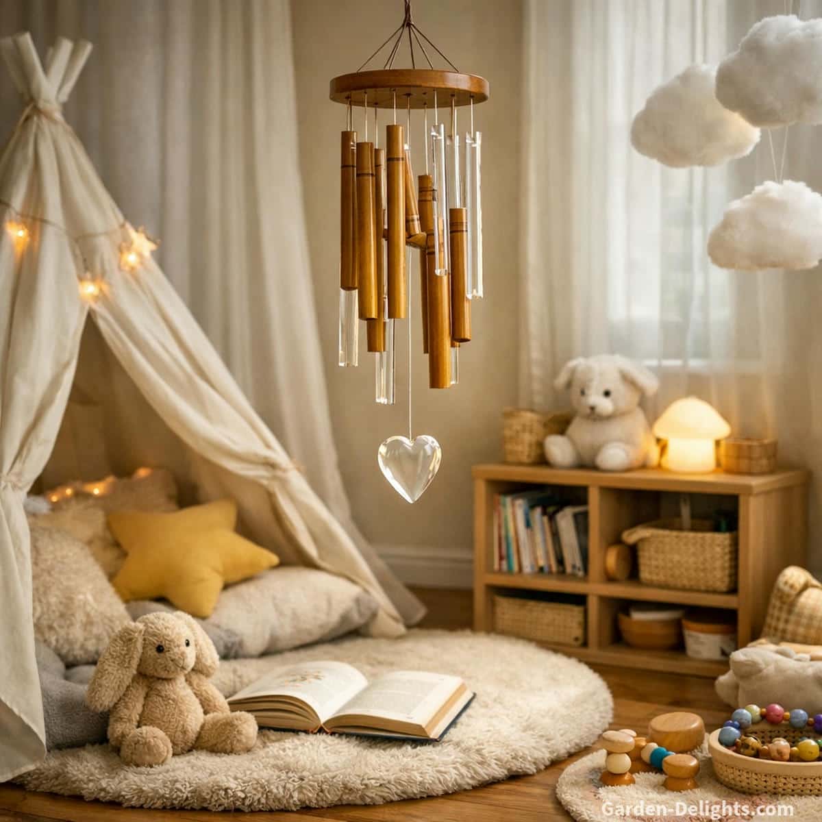 Indoor kids wind chimes placed in a cozy nursery reading nook with bamboo and acrylic chimes moving gently in soft airflow for sensory comfort, Montessori rhythm learning and calm emotional routines