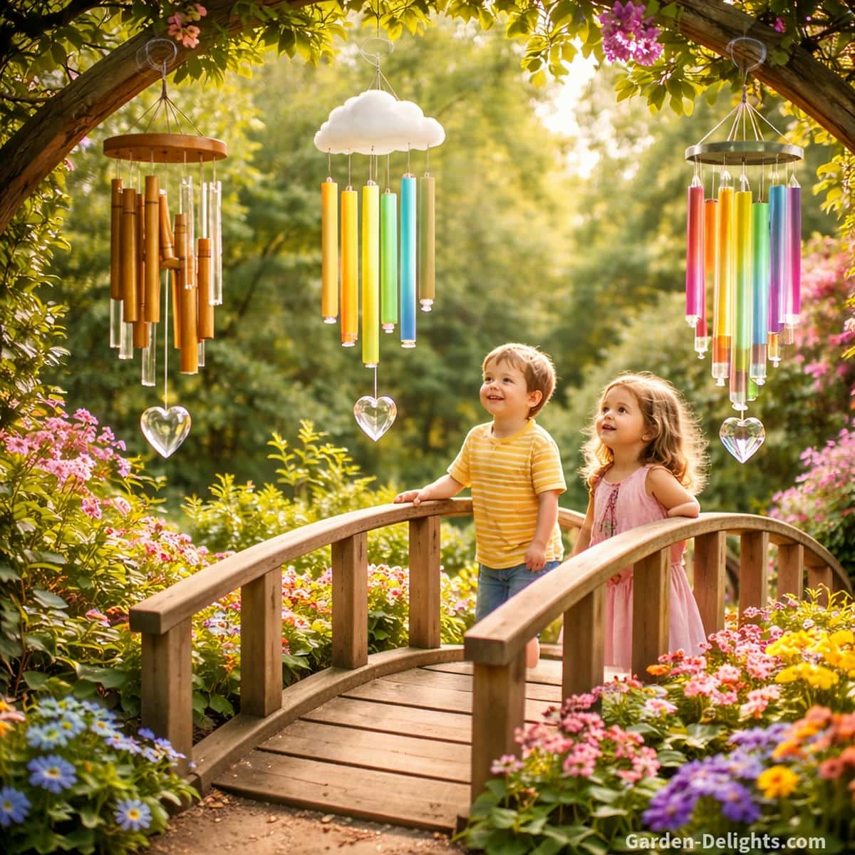 Kids wind chimes made from bamboo, silicone and acrylic hanging along a small garden sensory bridge where gentle outdoor airflow creates predictable rhythmic tone and soft color cues for calm emotional learning and child centered play