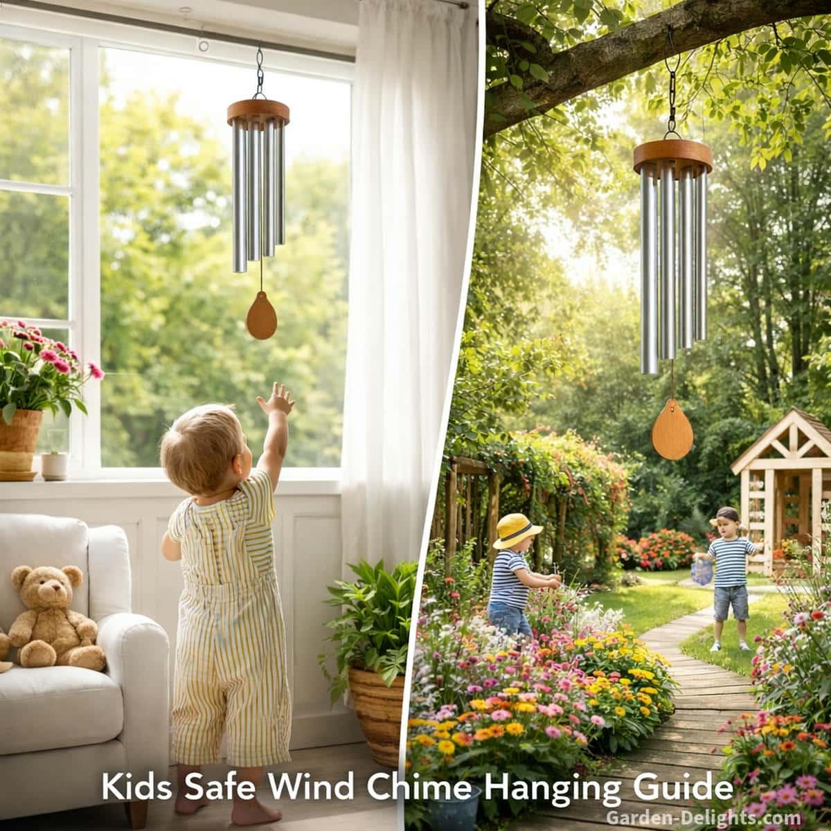 Toddler safe wind chime hanging setup in a nursery window and a backyard play garden showing high secure placement gentle airflow and soft melodic movement for calm routines