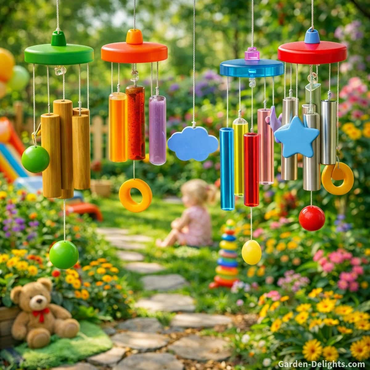 Colorful child safe wind chimes made from bamboo resin acrylic and silicone hanging above a bright nursery garden path where toddlers explore airflow gentle tones and soothing sensory play
