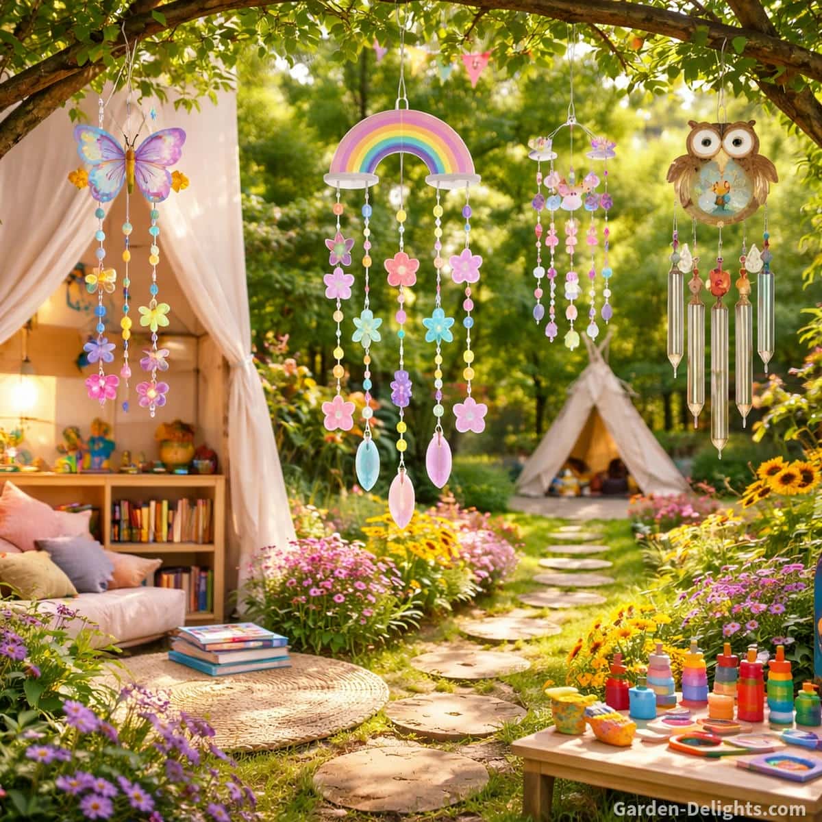 Whimsical fairy, rainbow and animal wind chimes placed in children’s reading corners, garden pathways and Montessori learning spaces showing gentle airflow and playful movement