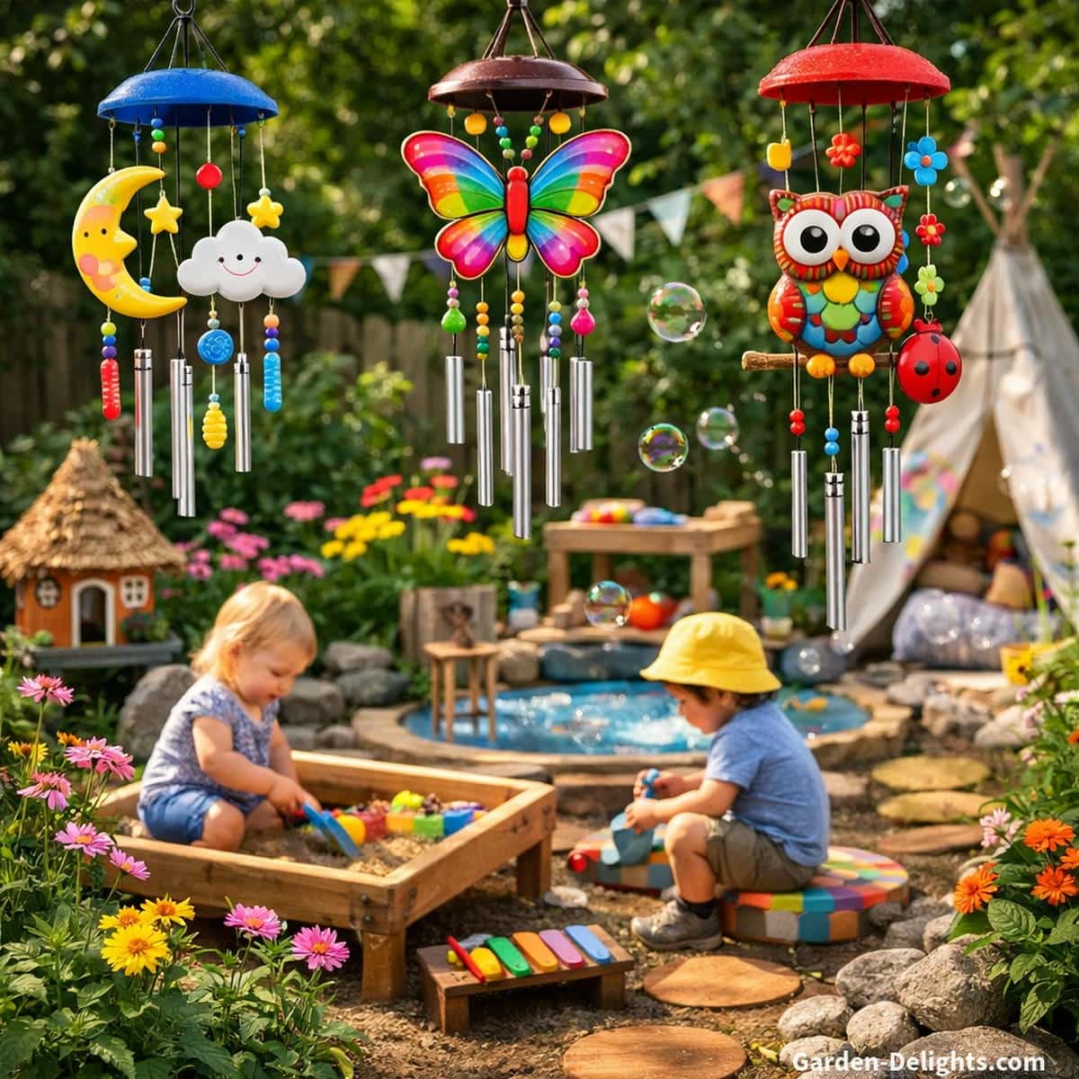 Colorful whimsical kids wind chimes hanging above a sensory play garden for toddlers with soft melodic movement gentle airflow and child friendly shapes that support emotional balance imaginative play and early learning