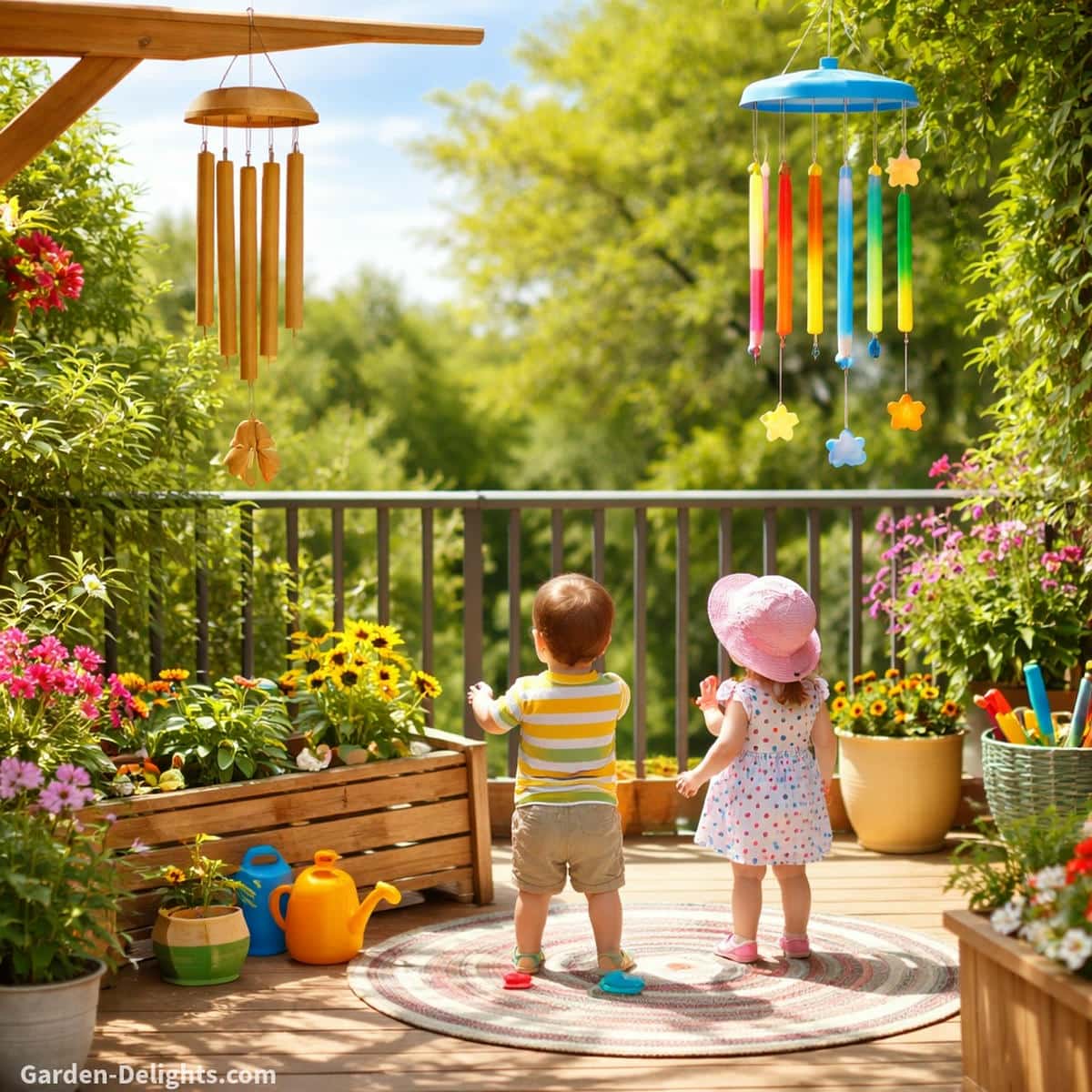 Child safe wind chimes hung at proper height on a colorful balcony and garden play area with bamboo and acrylic chimes placed above reach for gentle airflow movement and safe sensory learning