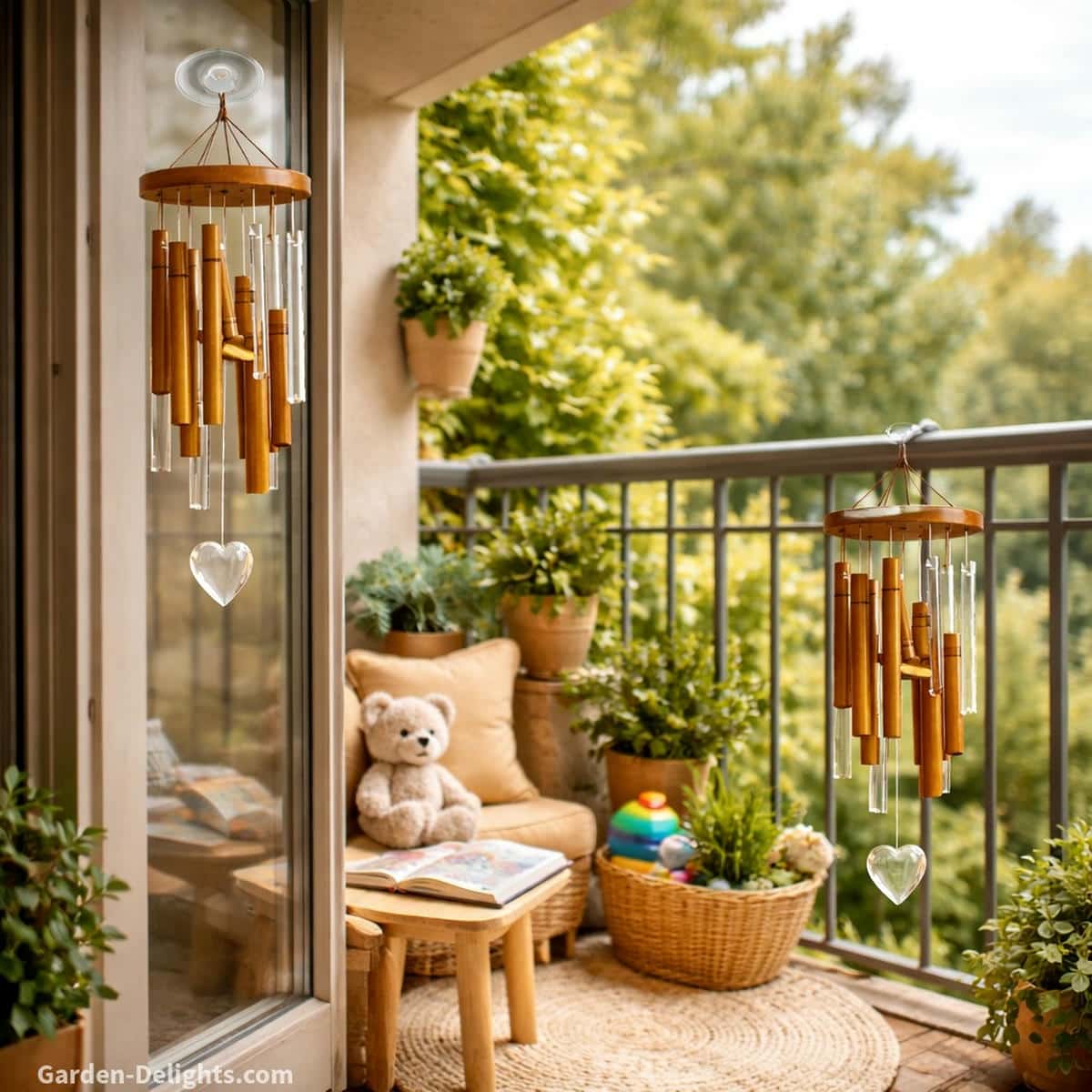 Kids wind chimes hung with suction hooks and magnetic hangers on a small balcony to create gentle airflow movement and soft tone for sensory play, family calm time and child friendly outdoor learning