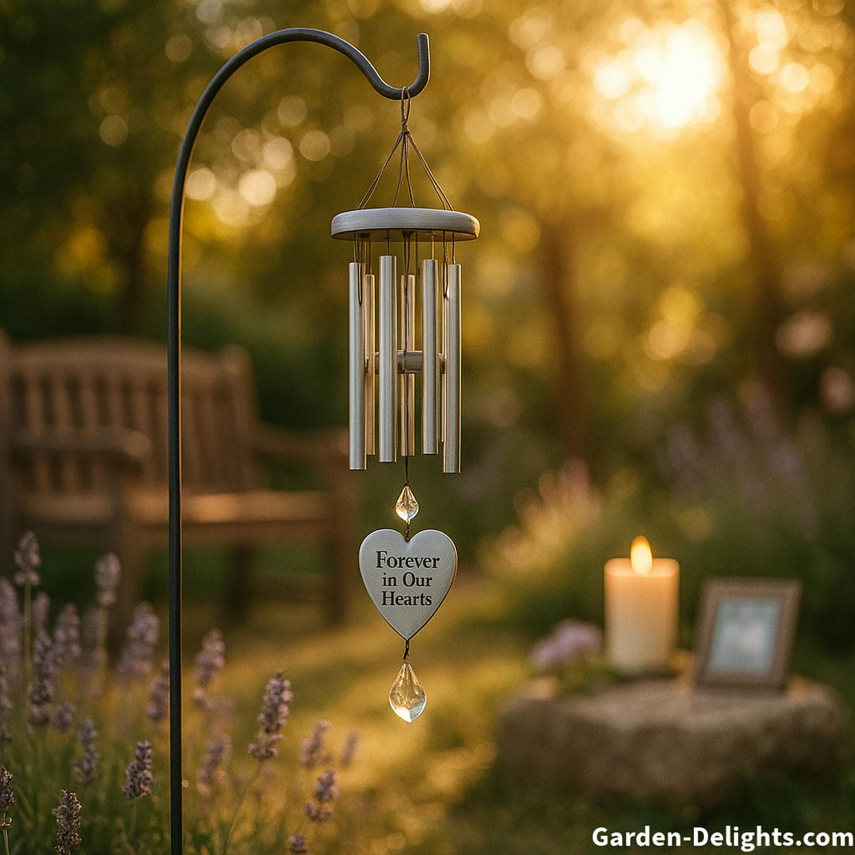 Memorial wind chime hanging in a quiet healing garden during warm golden hour light where soft movement and gentle tone create emotional remembrance, spiritual comfort, and serene reflection for honoring loved ones.