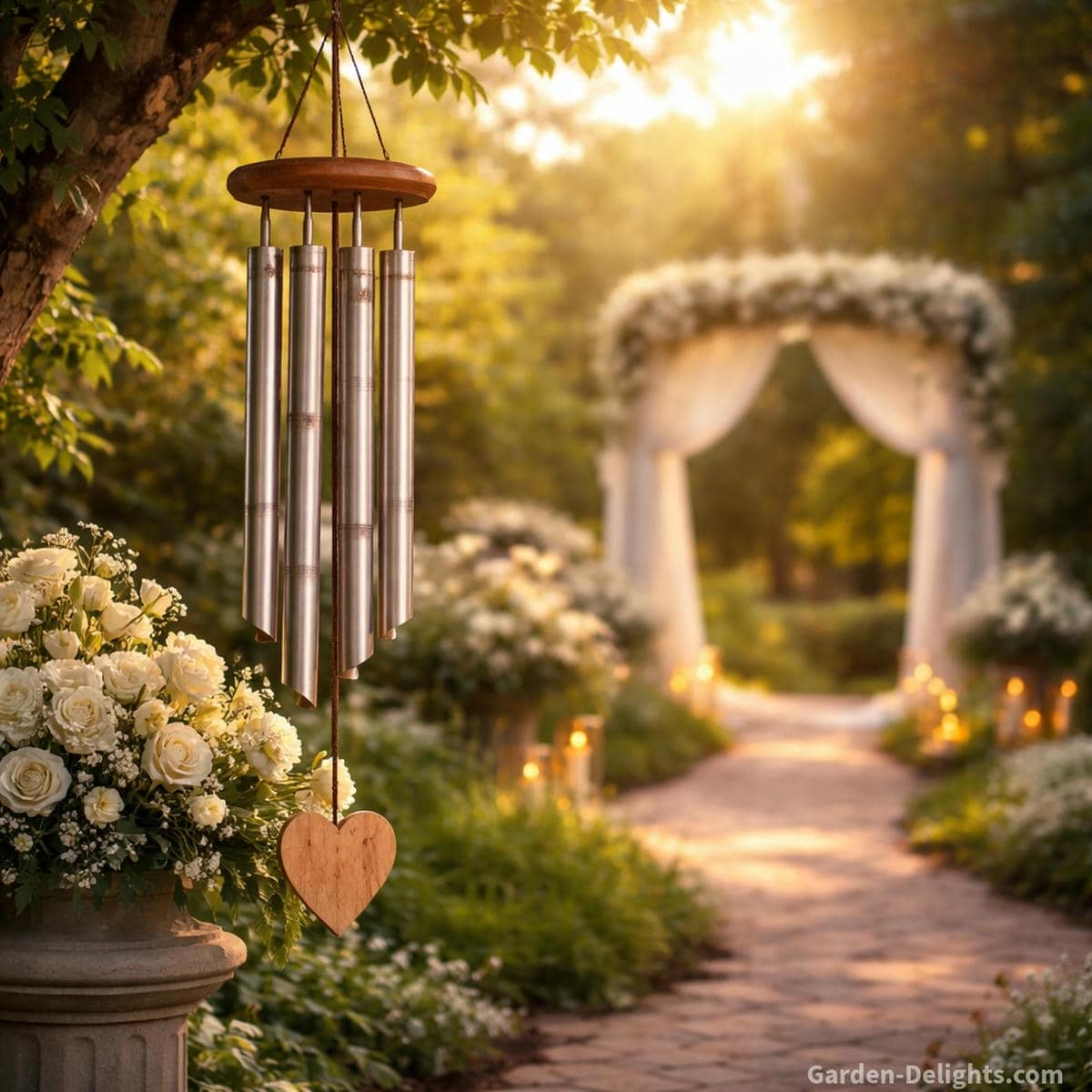 Memorial wind chimes beside a quiet funeral garden path where warm light soft airflow and gentle tone create emotional comfort peaceful remembrance and spiritual ease for grieving families