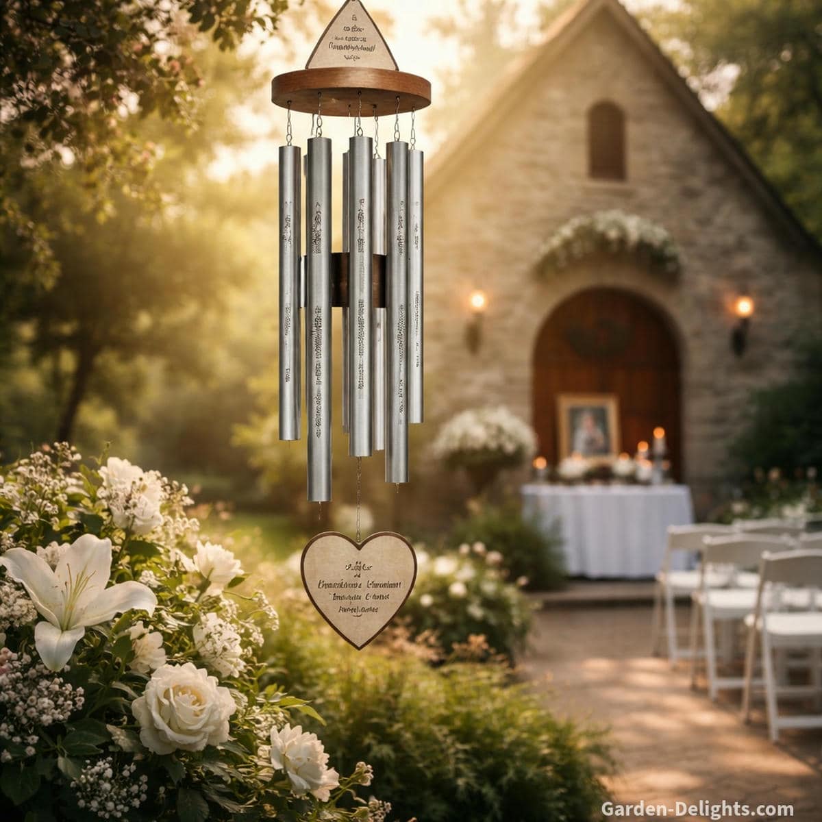 Memorial wind chimes hanging beside a sunlit chapel garden during a funeral service where engraved tubes warm light and soft movement create emotional comfort spiritual remembrance and gentle support for grieving families
