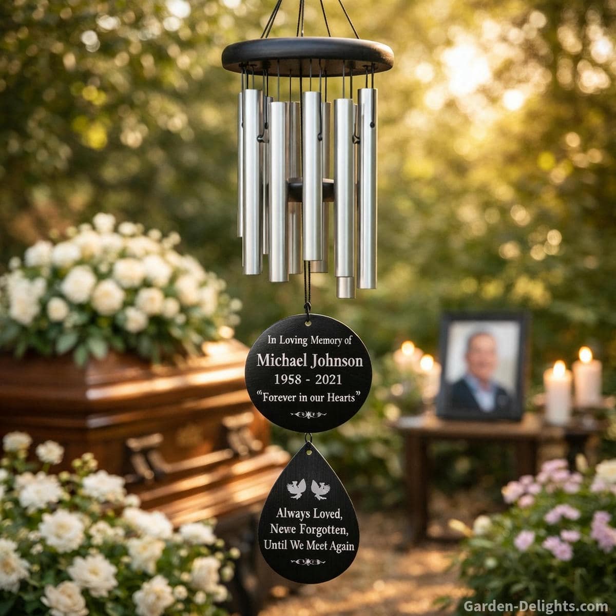 Engraved memorial wind chimes displayed in a peaceful garden during a funeral with warm sunlight soft airflow and comforting tone that creates emotional connection remembrance and healing presence for the family
