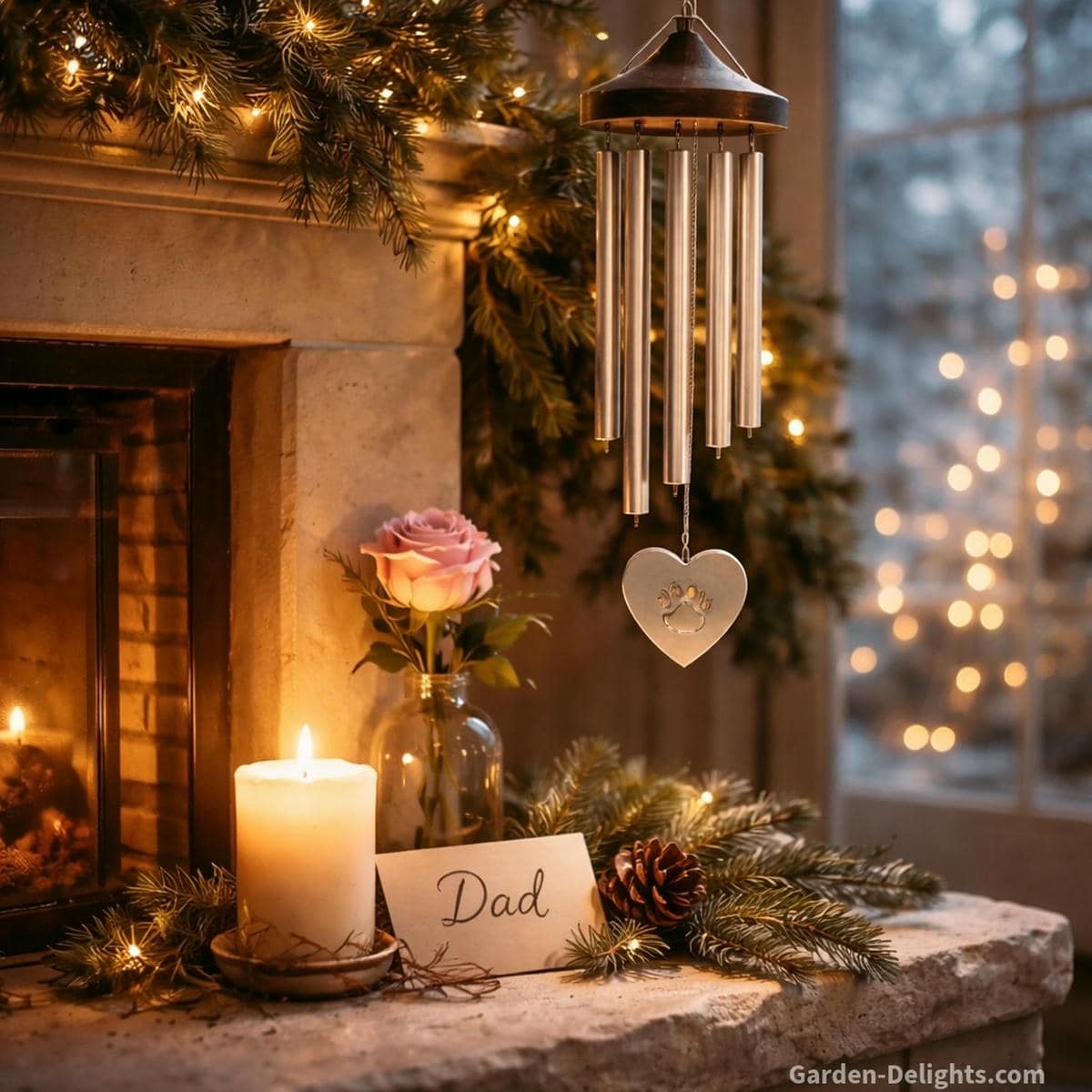 Holiday memorial wind chime beside a softly lit hearth with a rose candle evergreen branch and handwritten tribute note creating emotional comfort warm remembrance and gentle seasonal healing for Christmas Mother’s Day and Father’s Day