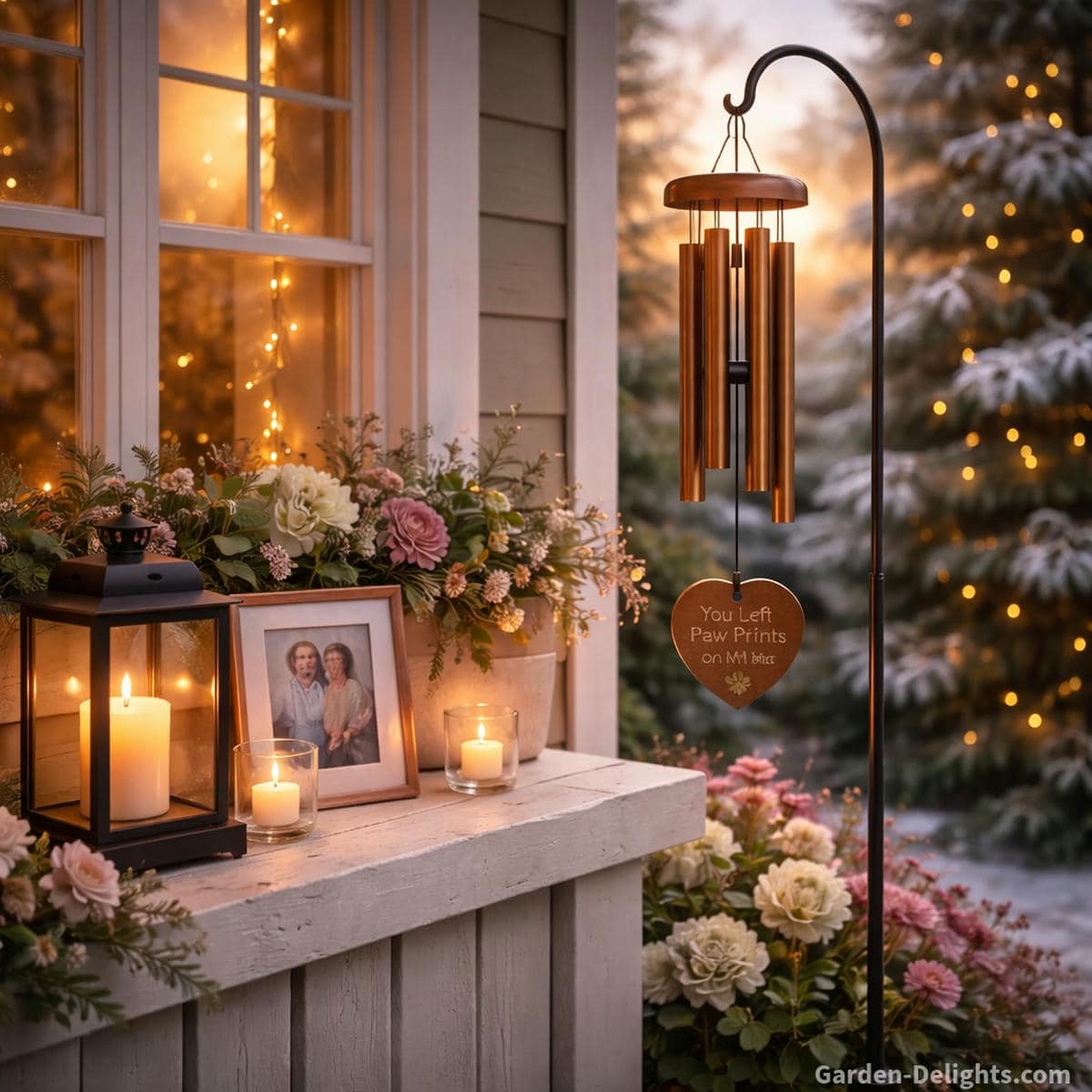 Holiday memorial wind chime hanging near a warm window and winter porch candlelight with gentle seasonal greens and soft emotional light that supports Christmas remembrance Mother’s Day reflection and Father’s Day sunrise healing