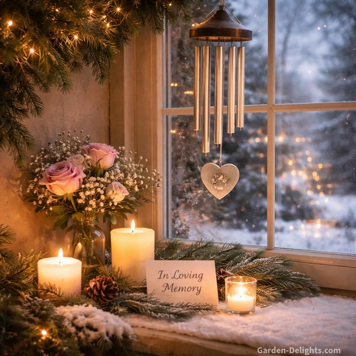 Holiday memorial wind chime hanging in a quiet winter window nook with soft candle glow evergreen sprigs and a small floral tribute creating emotional comfort gentle seasonal remembrance and warm spiritual healing during Christmas Mother’s Day and Father’s Day