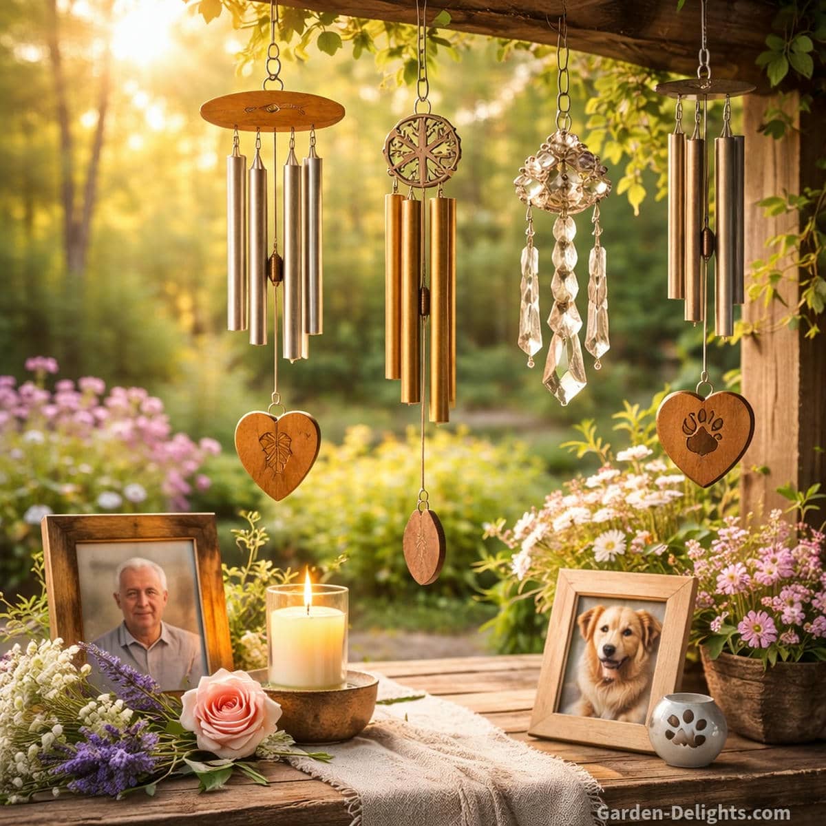 Memorial wind chimes chosen to reflect personality legacy and emotional meaning using gentle tone warm light and symbolic details for honoring a parent child partner friend or pet in a healing remembrance space